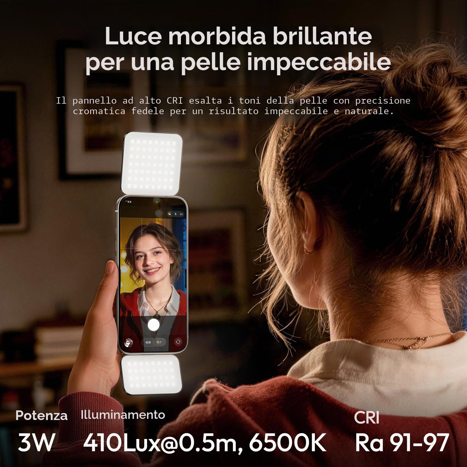 ULANZI GL01 Luce per telefono, Phone selfie light quadrati con asta regolabile a 45°, 2500K-6500K, Luce fotografica portatile per riprese nightout, Compatibile con iphone 17/16/15 non promax