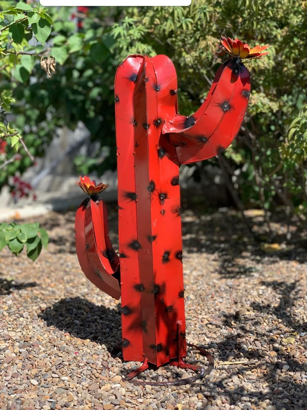 Metal Saguaro Cactus with Flowers - Garden Art (Red)