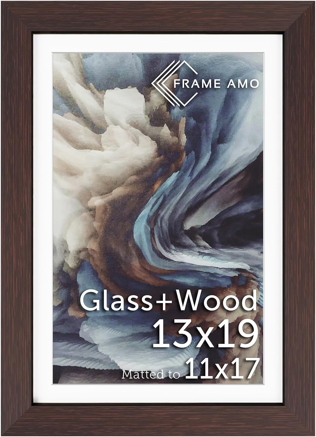 Frame Amo 13x19 Solid Wood Poster Frame Brazilian Walnut, White Mat for 11x17 Image, Tempered Glass Front, 1.5 inch Wide, 1 inch Thick, High-End, Heavy-Duty, Gallery Grade & Acid-Free