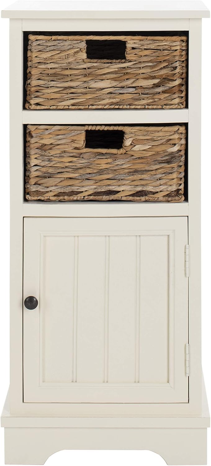 SAFAVIEH Home Collection – Connery Distressed Vintage White Storage Cabinet with Rattan Baskets & Bottom Door, Farmhouse Accent Storage, Fully Assembled (AMH5742B)
