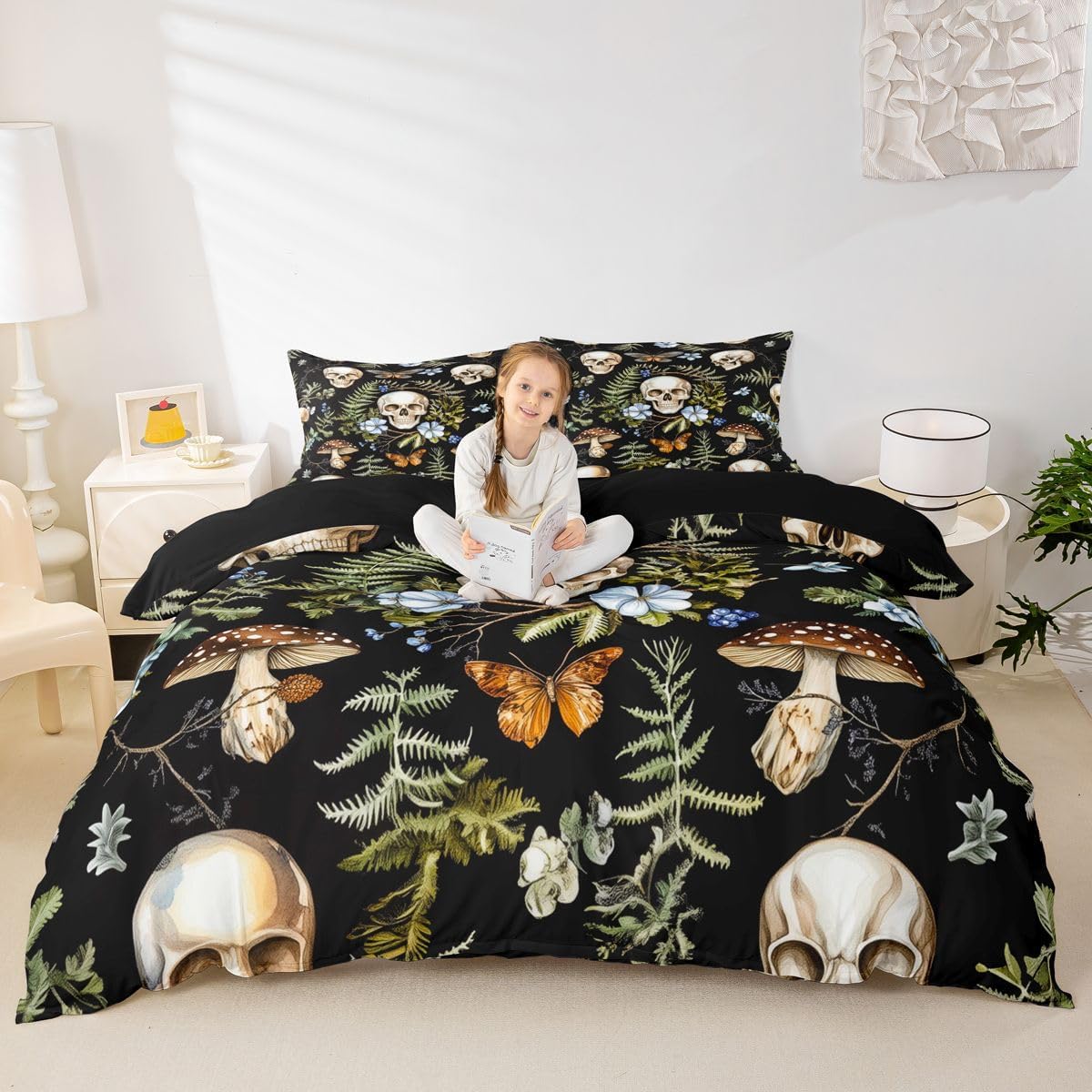 Feelyou Sugar Skull Duvet Cover Queen Size Dark Botanical Gothic Bedding Set for Boys Girls Mushroom Butterfly Comforter Cover Bedroom Decor 3Pcs No Comforter Zipper Closure with 2 Pillowcases