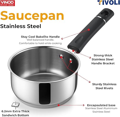Miniatura 6 de Vinod Tivoli - Cacerola de acero inoxidable de calibre pesado, 1,1 litros, fondo SAS, núcleo de aluminio extra grueso de 2 capas, base de inducción