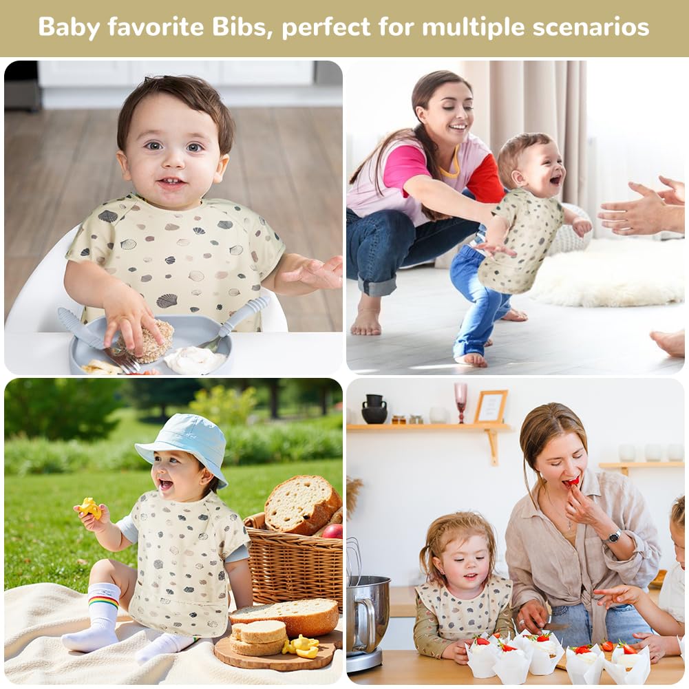 Vicloon Baberos para Bebés, Babero de Destete Sin Mangas de Impermeable con Recolector Alimentos, Material PU Suave, Fácil de Limpiar, Delantal de Dibujo para Bebés Come o Juega, Concha