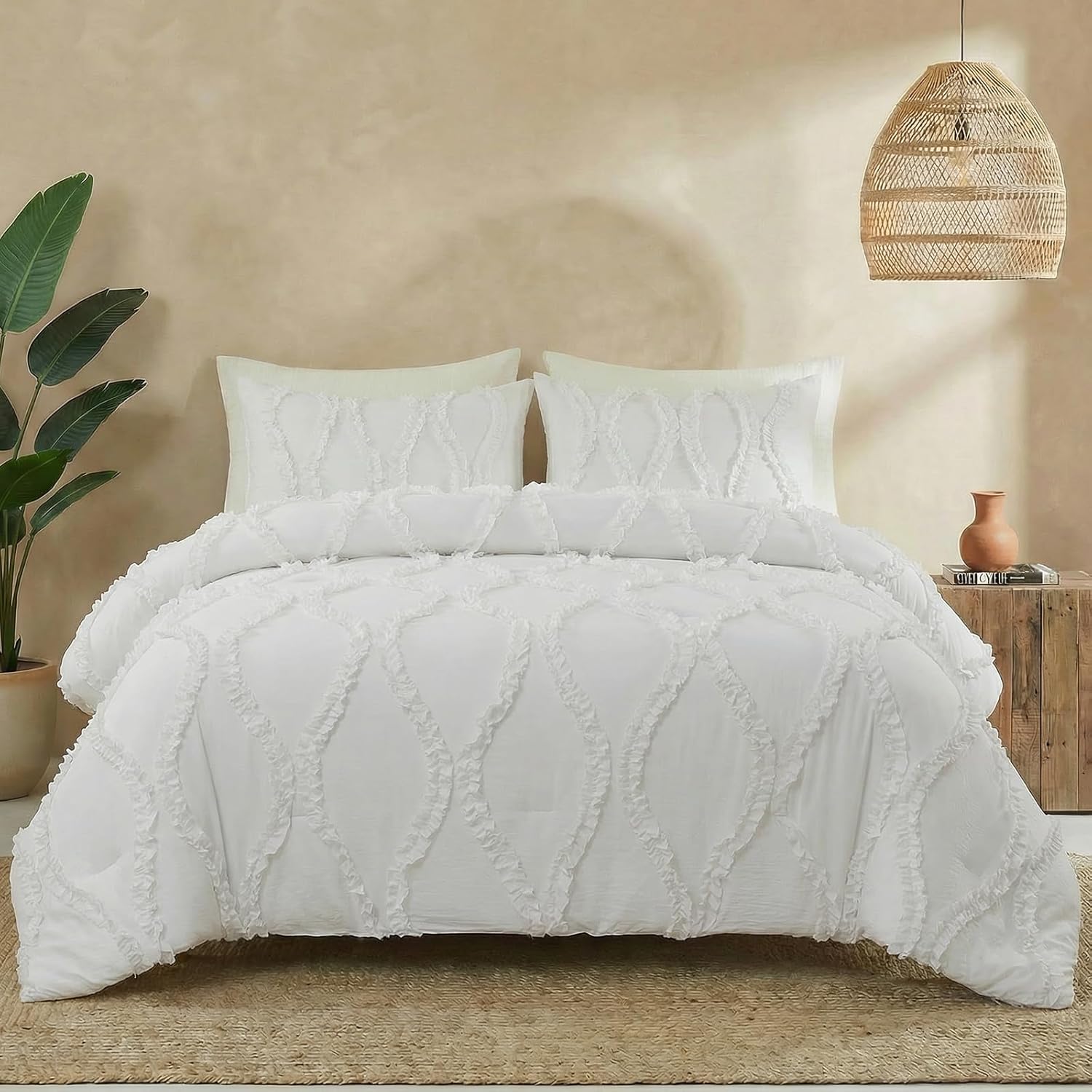 Bedbay White Farmhouse Country Bed Set - King Size Ruffle Comforter, Shabby Chic 3 Pcs Western Bedding Set for All Seasons (White, King)