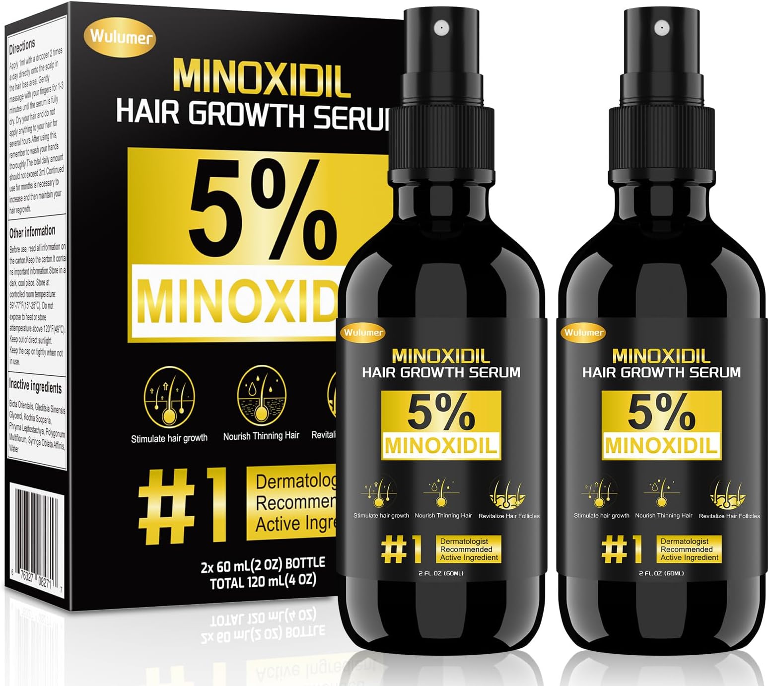 Hair Growth Serum, 5% Minoxidil for Men and Women, Minoxidil 5 Percent, Hair Regrowth Treatment for Thicker Fuller Hair, Minoxidil for hair Growth, 2 Pack, 120ML