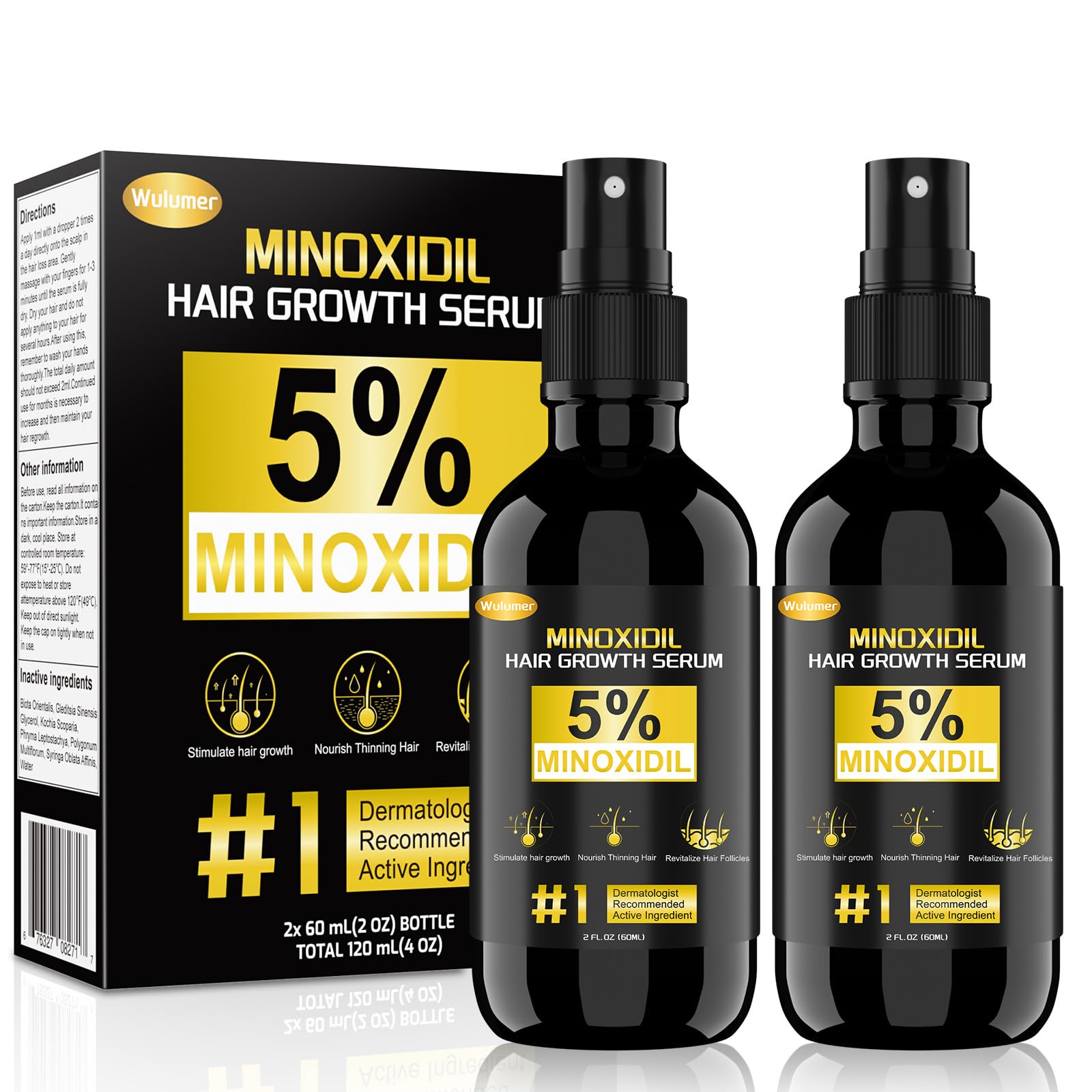 Hair Growth Serum, 5% Minoxidil for Men and Women, Minoxidil 5 Percent, Hair Regrowth Treatment for Thicker Fuller Hair, Minoxidil for hair Growth, 2 Pack, 120ML