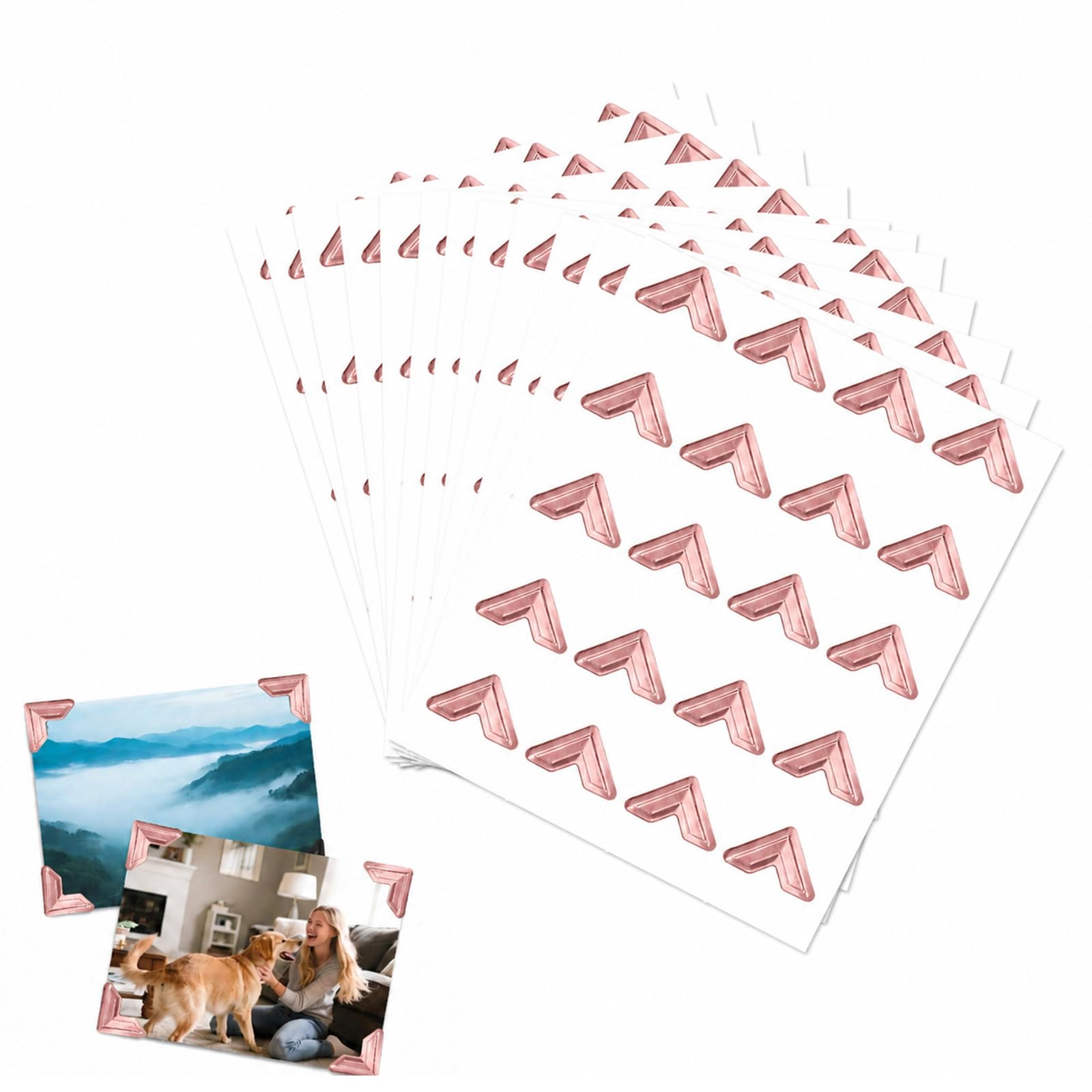 Gkhlg 360 PCS Self Adhesive Photo Corners Simple Elegant Design for DIY Handcrafters Photo Display Album Pages Frames Walls (Rose Gold on White)