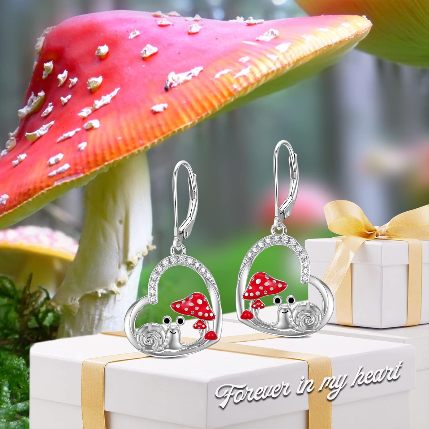 LONAGO Mushroom Earrings 925 Sterling Silver Cute Mushroom with Snail Drop Earrings for Women