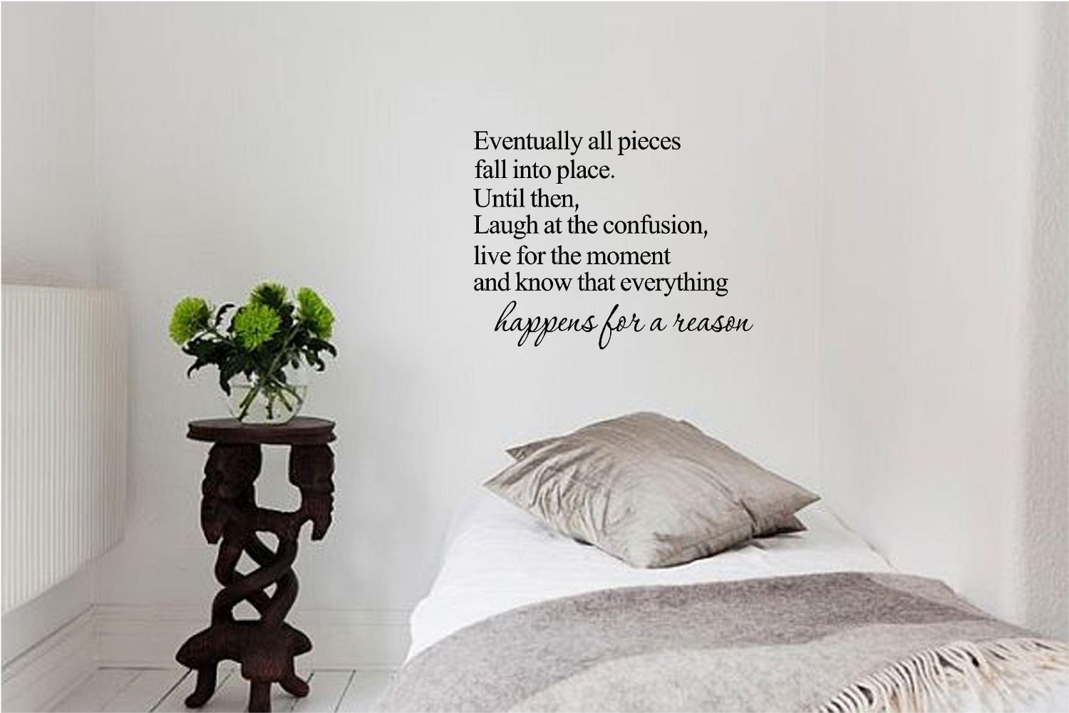 Newsee DecalsEventually all pieces fall into place. Until then, laugh at the confusion, live for the moment and know that everything happens for a reason. Vinyl wall art Inspirational quotes and saying home decor decal sticker Black