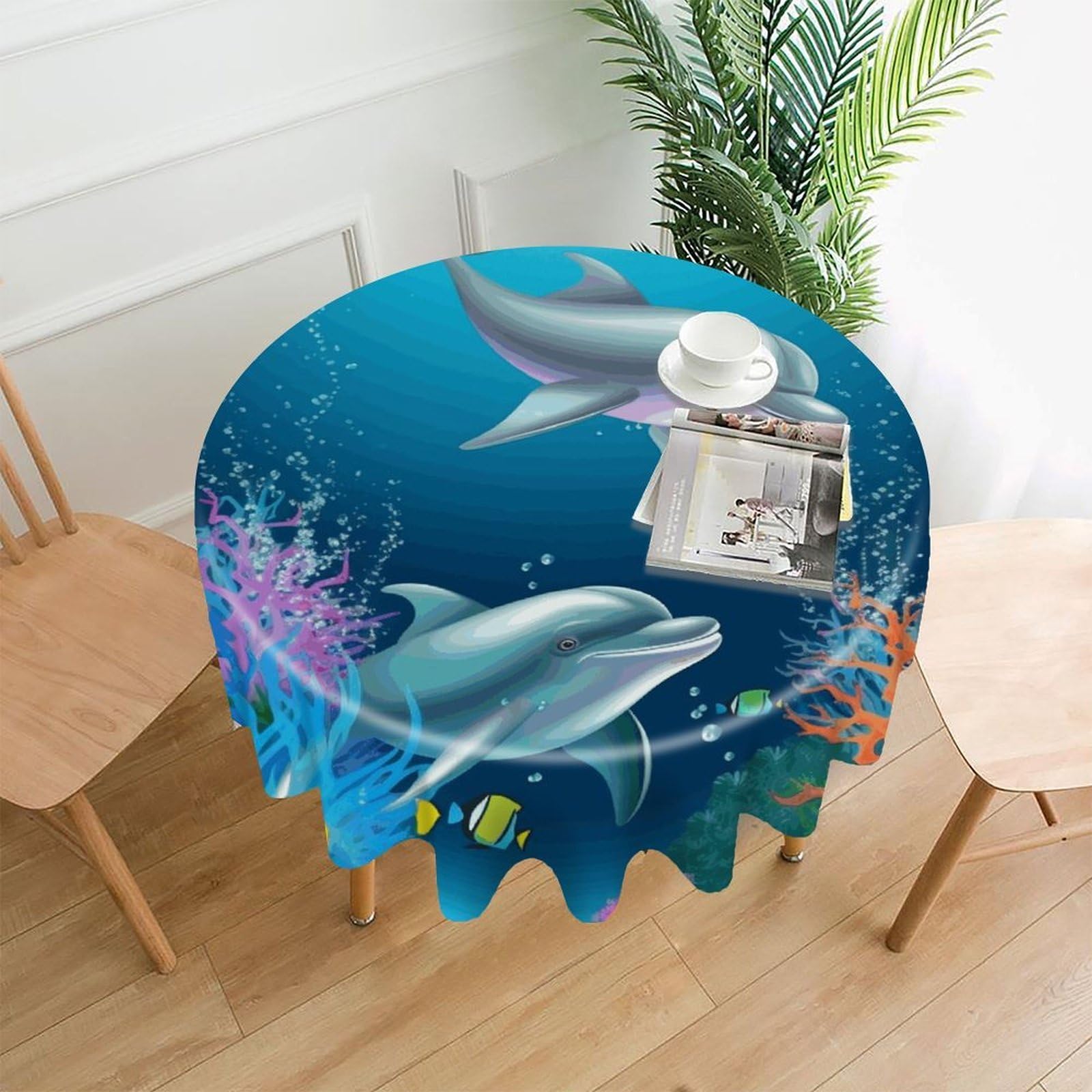 FekiLoot Dolphin and Fish Round Tablecloth Cover 60 Inch Wrinkle Free Washable Polyester Fabric Table Cover Decorative Round Table Cloth for Home Dining Kitchen Party Farmhouse