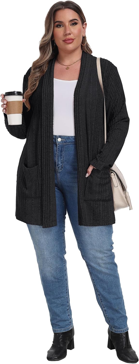 OLRIK Womens Plus Size Cardigan Open Front Easy to Wear Casual Knit Sweaters with Pockets Loose Outwear - Image 4