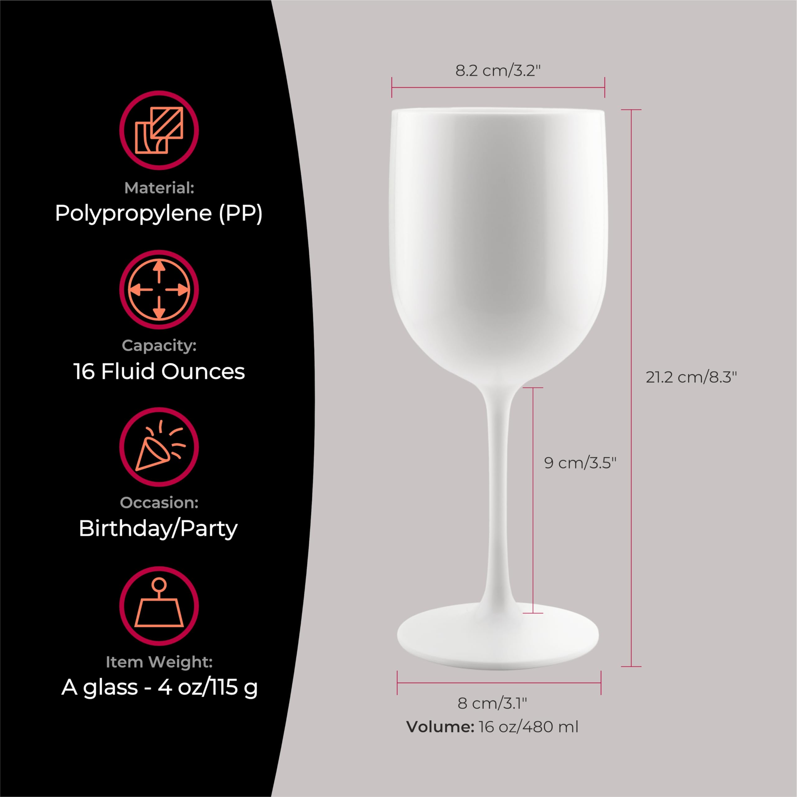 FOX&GRAPES Copas de vino de plástico blanco | Juego de 12 | Irrompibles/inastillables, reutilizables/reciclables, aptas para alimentos, aptas para lavavajillas, para cumpleaños y fiestas, 16 onzas