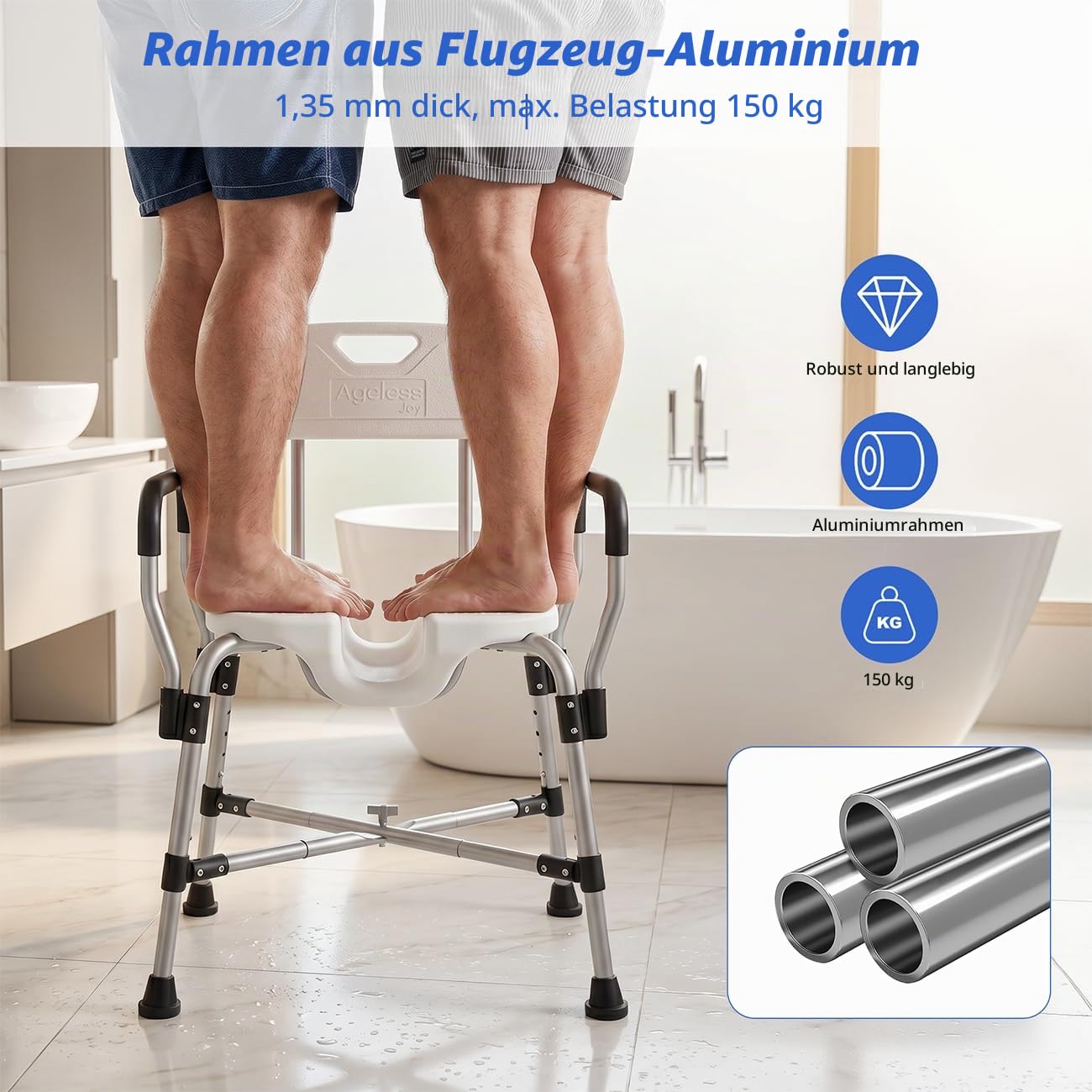 Duschstuhl für Senioren und Behinderte, Höhenverstellbarer Duschhocker 150 kg mit Armlehnen und Rückenlehne, Ergonomischer Badhocker für die Dusche, Duschsitz mit U-Ausschnitt, Stabil