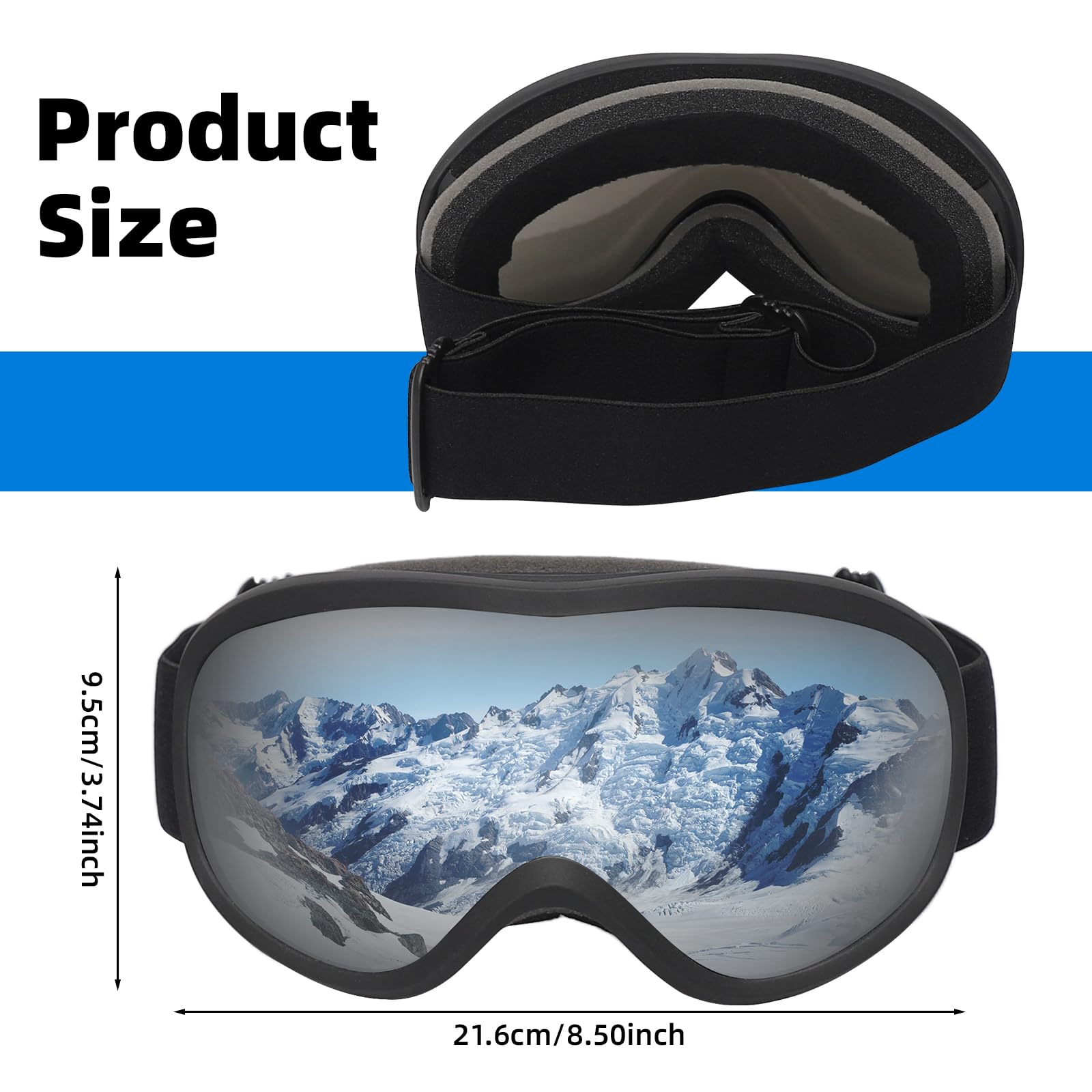 Masque de Ski anti-buée à double écran - Lunette de Ski sphérique pour adultes et adolescents - compatible avec lunettes de vue (Noir Argenté)