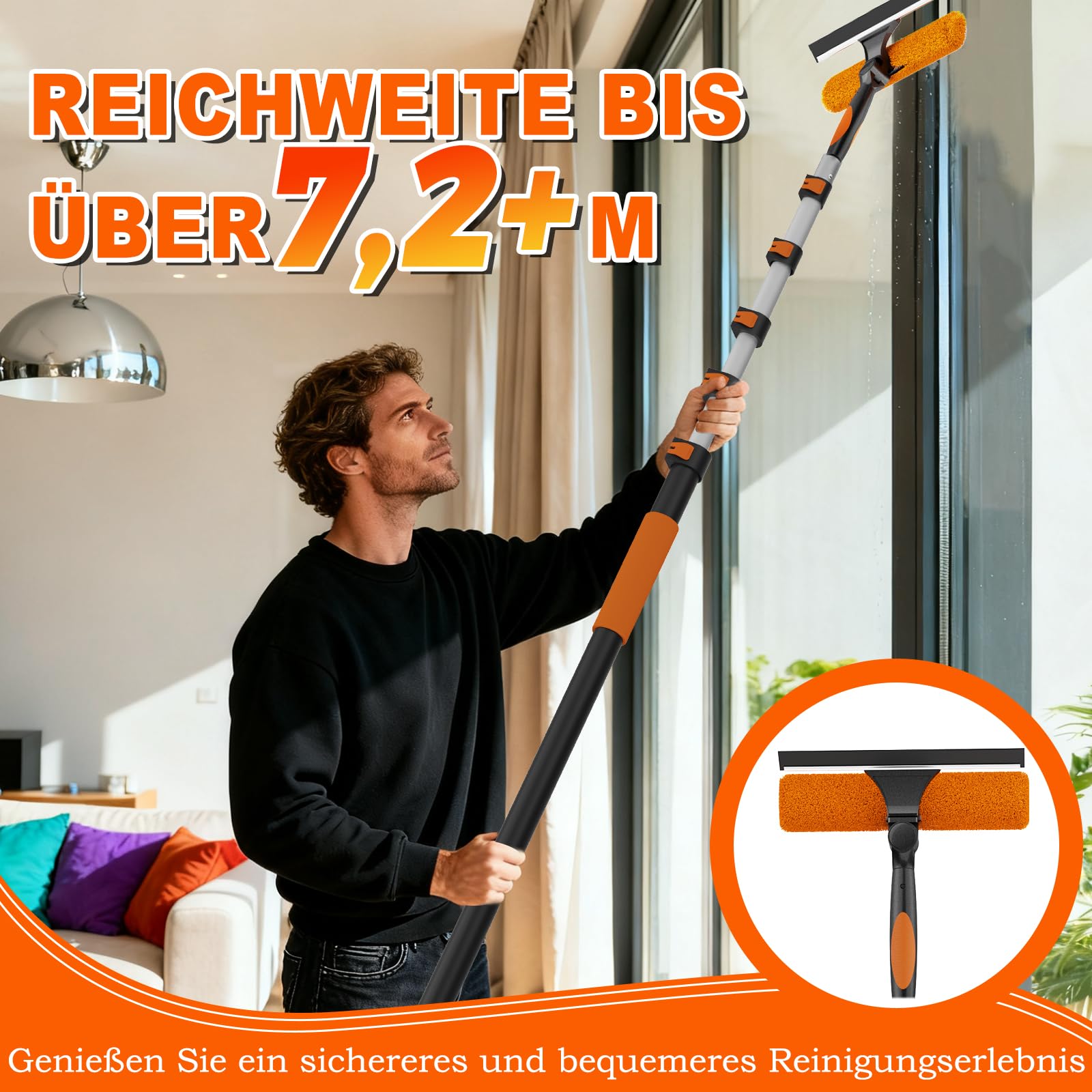 SISUPASSIE 2-in-1 Fensterputzer, 7,2m Fensterabzieher, professionelles Fensterwischer mit Teleskopstiel, drehbarer Kopf für hohe Fenster, für den Innen- und Außenbereich