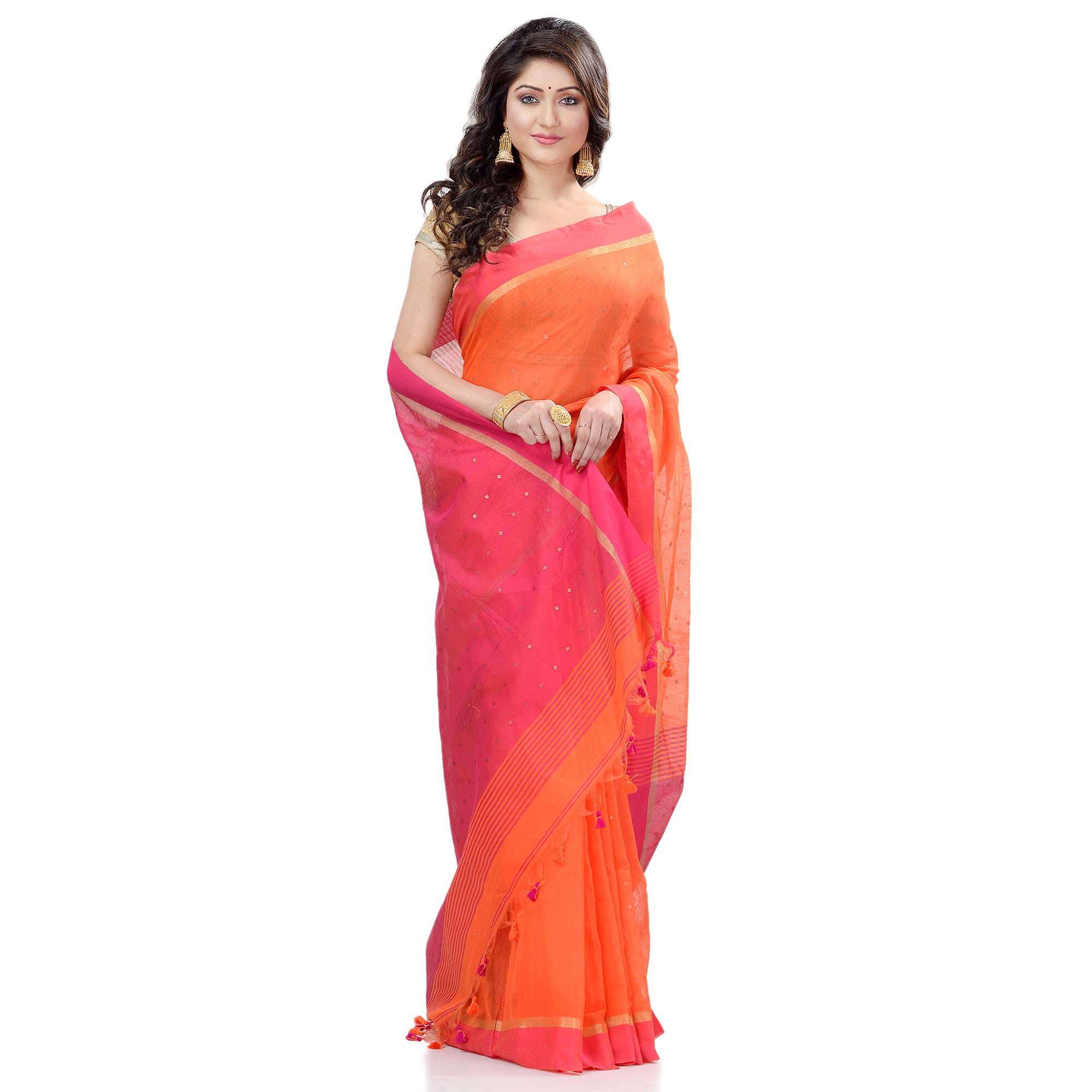 dB DESH BIDESHWomen`s Tant Silk Handloom Cotton Saree Sequence Work With Blouse Piece Free Size