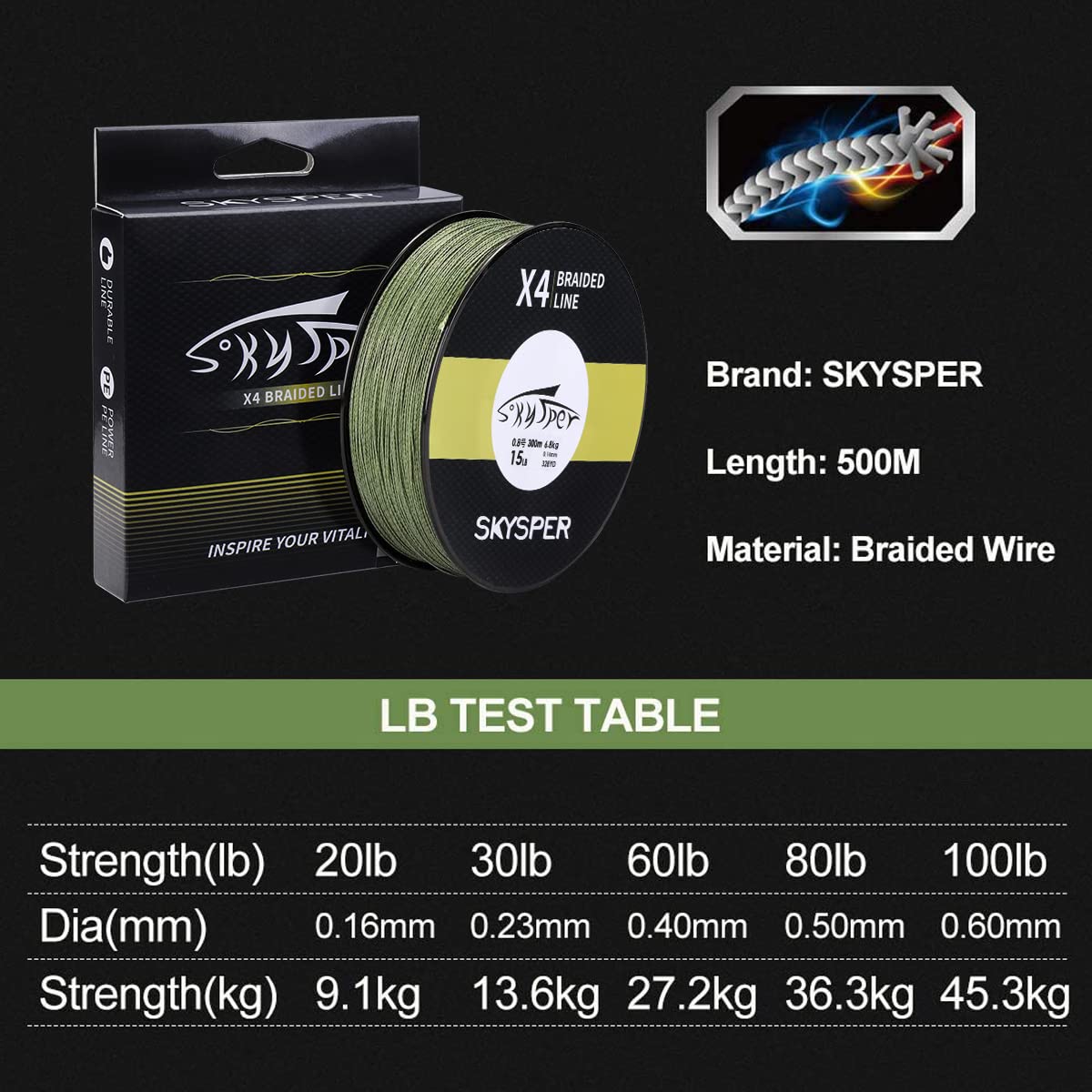 SKYSPER Trenzado de Pescar X4 Trenzado de 4 Hilos 300/500/1000 m PE Sedal Trenzado Super Suave Fuerte de Polietileno Línea de Pesca 15-100LB Profesional Hilo Trenzado para Pesca en mar — view 3