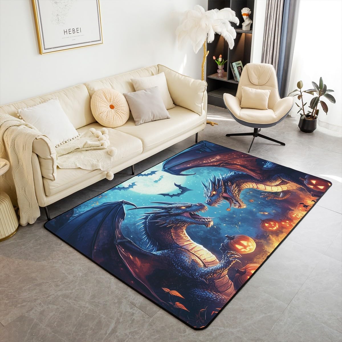 jejeloiu Halloween Living Room Rugs Area Rug 3x5 Drange Accent Rug for Bats Indoor Floor Mat Pumpkin Decorative Rug Blue Orange Doormats Floor Mat