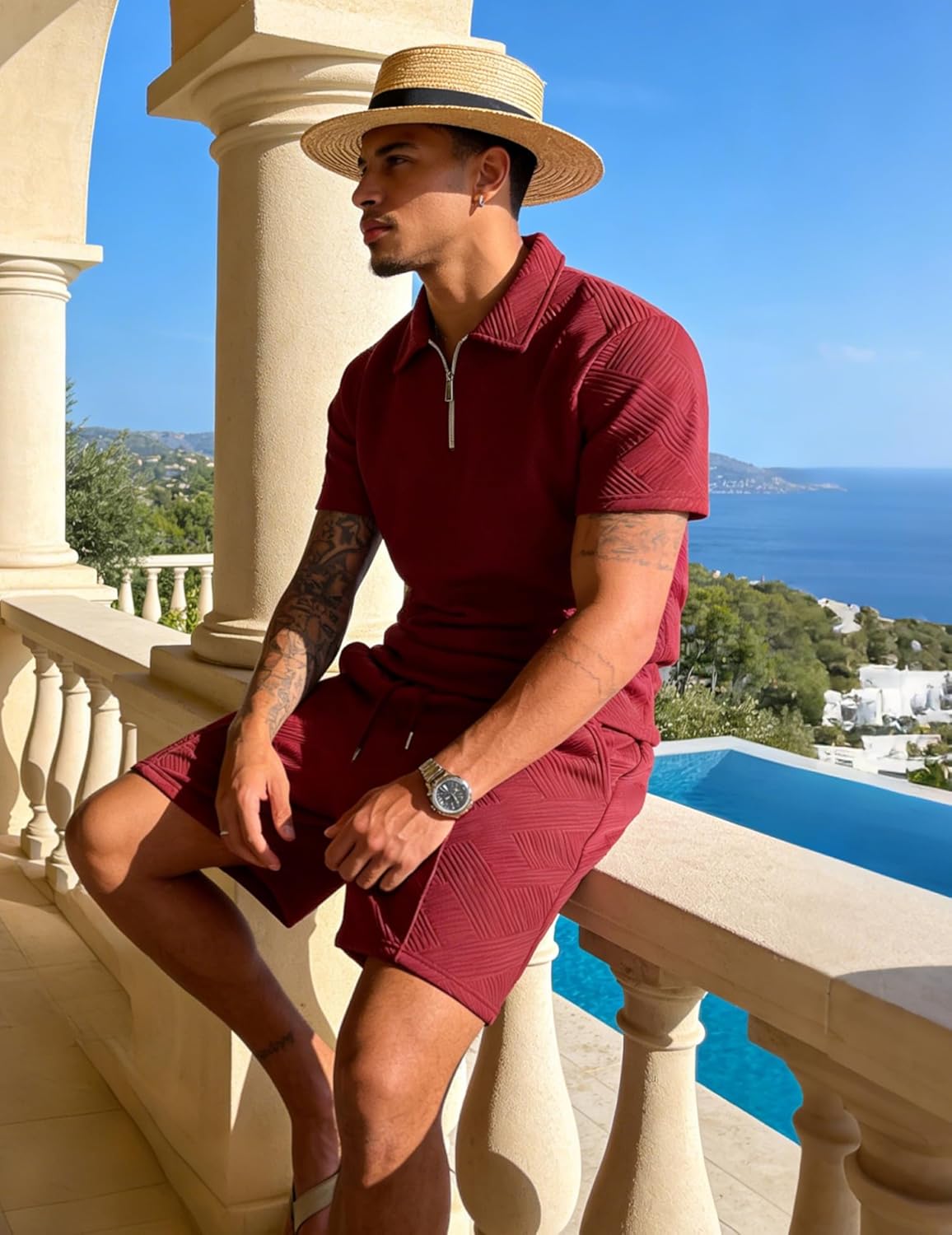 UOUA Mens Summer Track Suits 2 Piece Shorts Sets Short Sleeve Sweatsuit Outfits 1/4 Zip Golf Polo Shirts Loungewear - Image 2