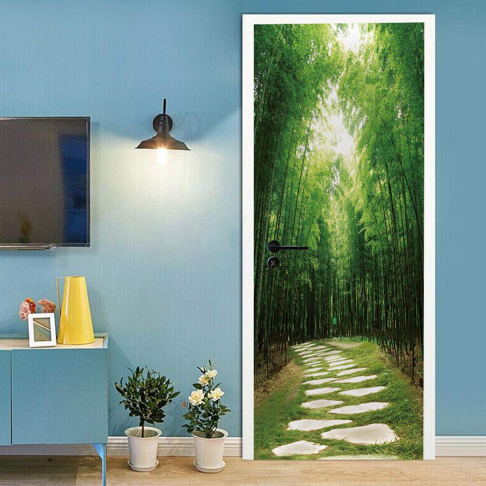 Sticker de porte panoramique forêt bambous adhésif imperméable 88x200cm