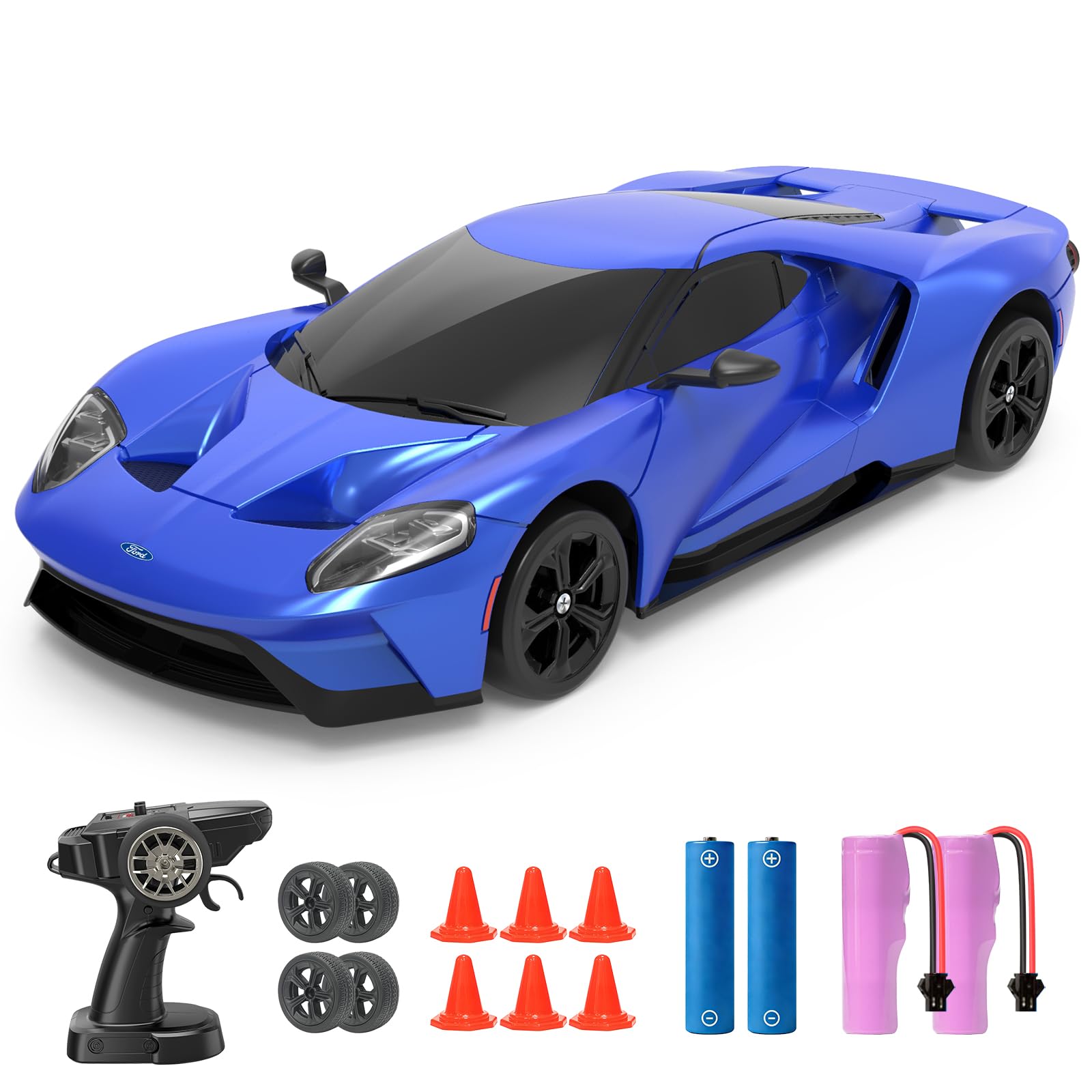 YONCHER RC Drift Car, Remote Control Car for Kids Ford GT Officially Licensed, 1:24 20KM/H 4WD RC Cars with Lights, Fast Racing Toy Car for Boys Girls, Blue