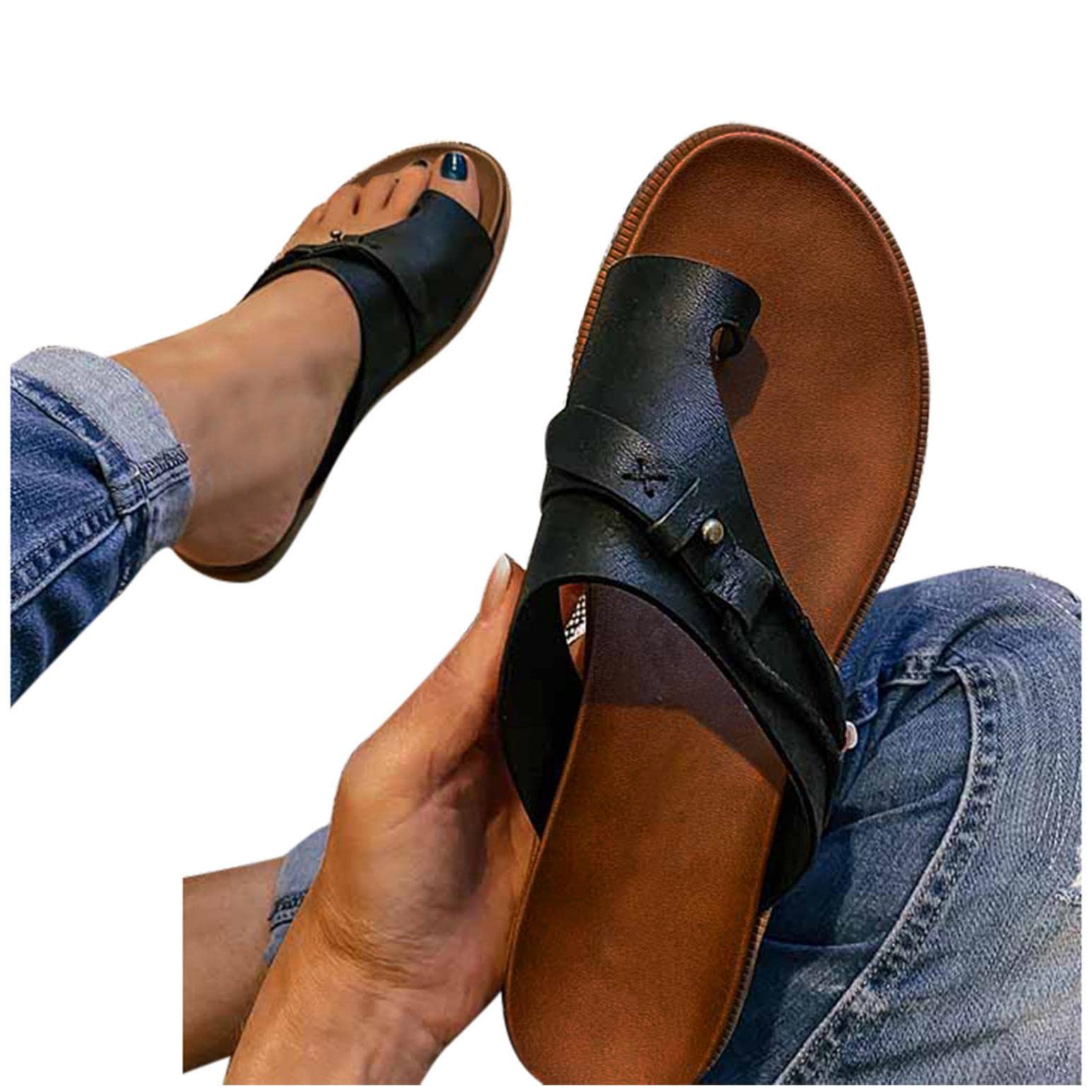 Hbeylia Womens Flip Flop Sandals Women Ladies Fashion Summer Leather Slip On Slipper Flat Low Heel Dressy Slider