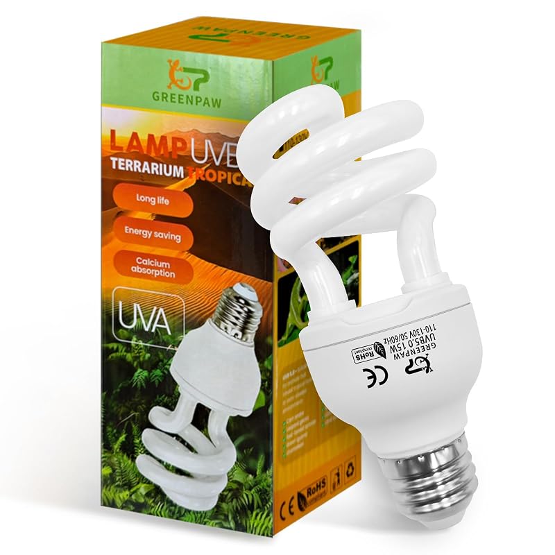 Lâmpada UVB para répteis 5.0 UVA/UVB espiral 15 W para terrário GREENPAW, White-5.0, 1 unidade