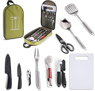 10 Pièces Ustensiles de Cuisine de Camping Accessoires Essentiels pour Le Camping Inoxydable Set Pique Nique Bivouac Materiel Idéal pour Les Randonnées et Les Barbecues en Camping