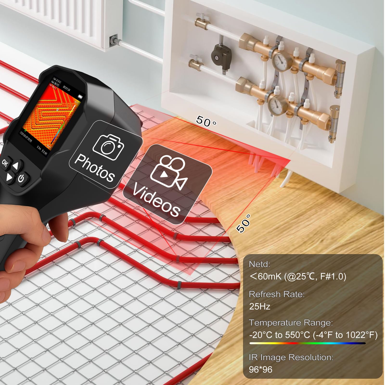 Cámara Termográfica, TISR 240x240 Thermal Imager 25Hz 96x96 Resolución IR | -20°C a 550°C, NETD ≤60 mK, Cámara Térmica Infrarroja para Climatización, Mantenimiento de Edificios, Inspección de Fugas