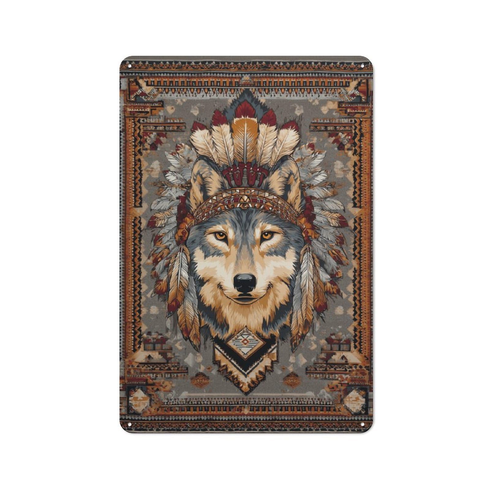 Junmoney Style-14 Native American Wolf Tapestry Rustic Tin Wall Plaque 30X20cm For Guest Room Or Hallway, For Garage, Workshop And Man Cave Decoration