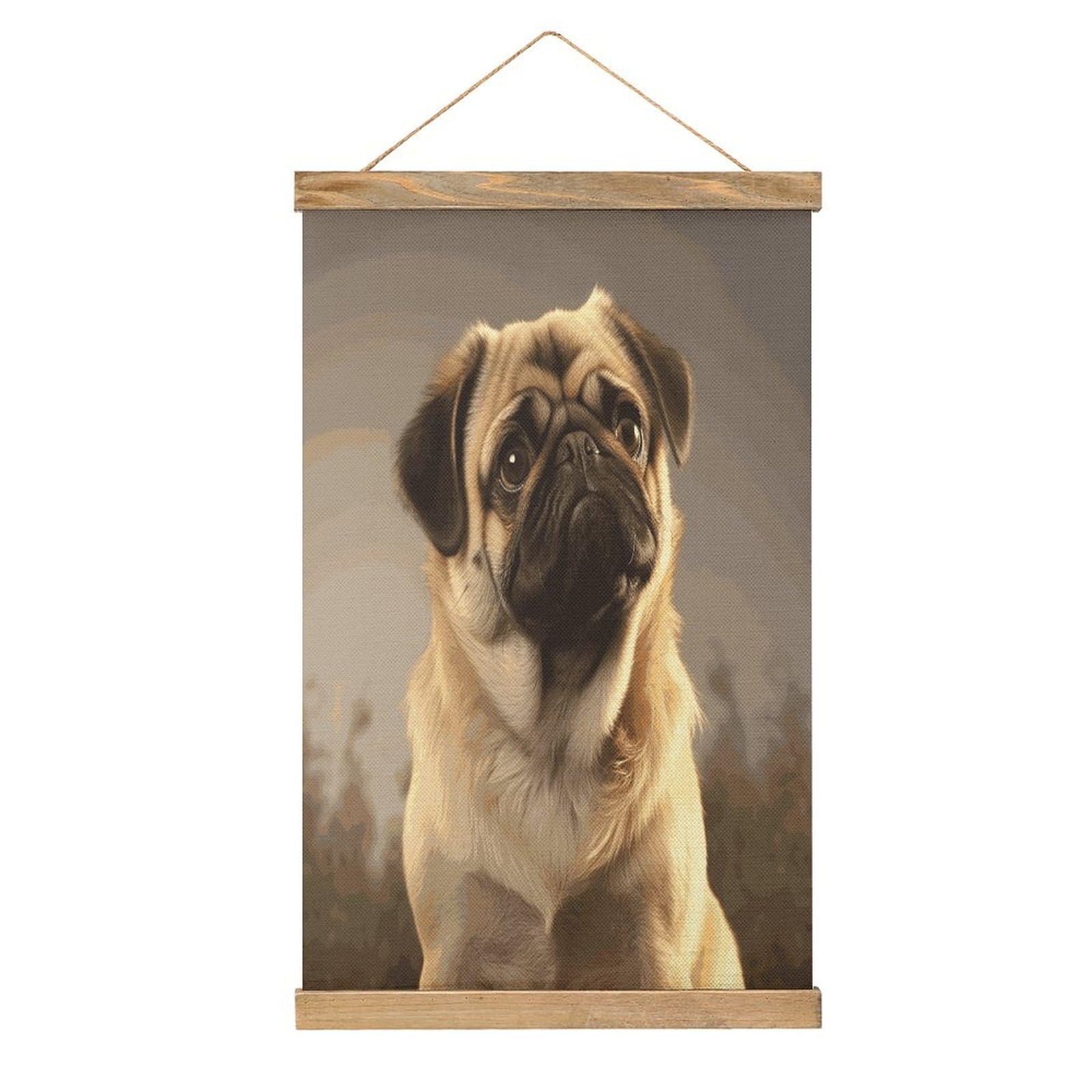 JTREHY Cute Pug Dog Linen Hanging Painting Vintage Poster Wall Art Prints Personality Style Wall Hanging Poster for Living Room Office Bedroom Decor Frame 13.2 X 20.47 Inch