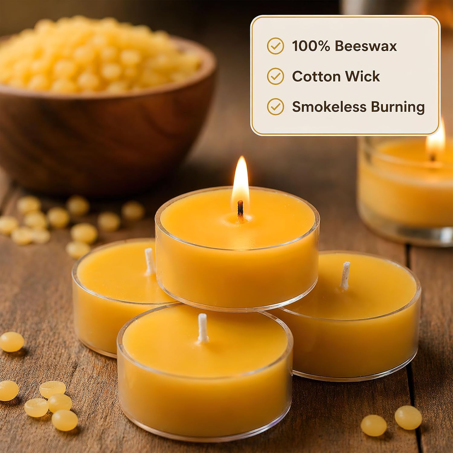50 Packs Beeswax Tealight Candles Bulk, 4 Hour Burn Time Natural Beeswax Tea Candle in Clear Cup Unscented Bees Wax Candle for Home Decor Air Purification Wedding Party Supplies Favors