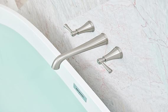 SITGES High Flow Brushed Nickel Wall Mount Bathtub Faucet with Two Level Handles,Extra-Long 10.5 Spout Reach Solid Brass Wall Tub Filler with Rough-in Valve Included