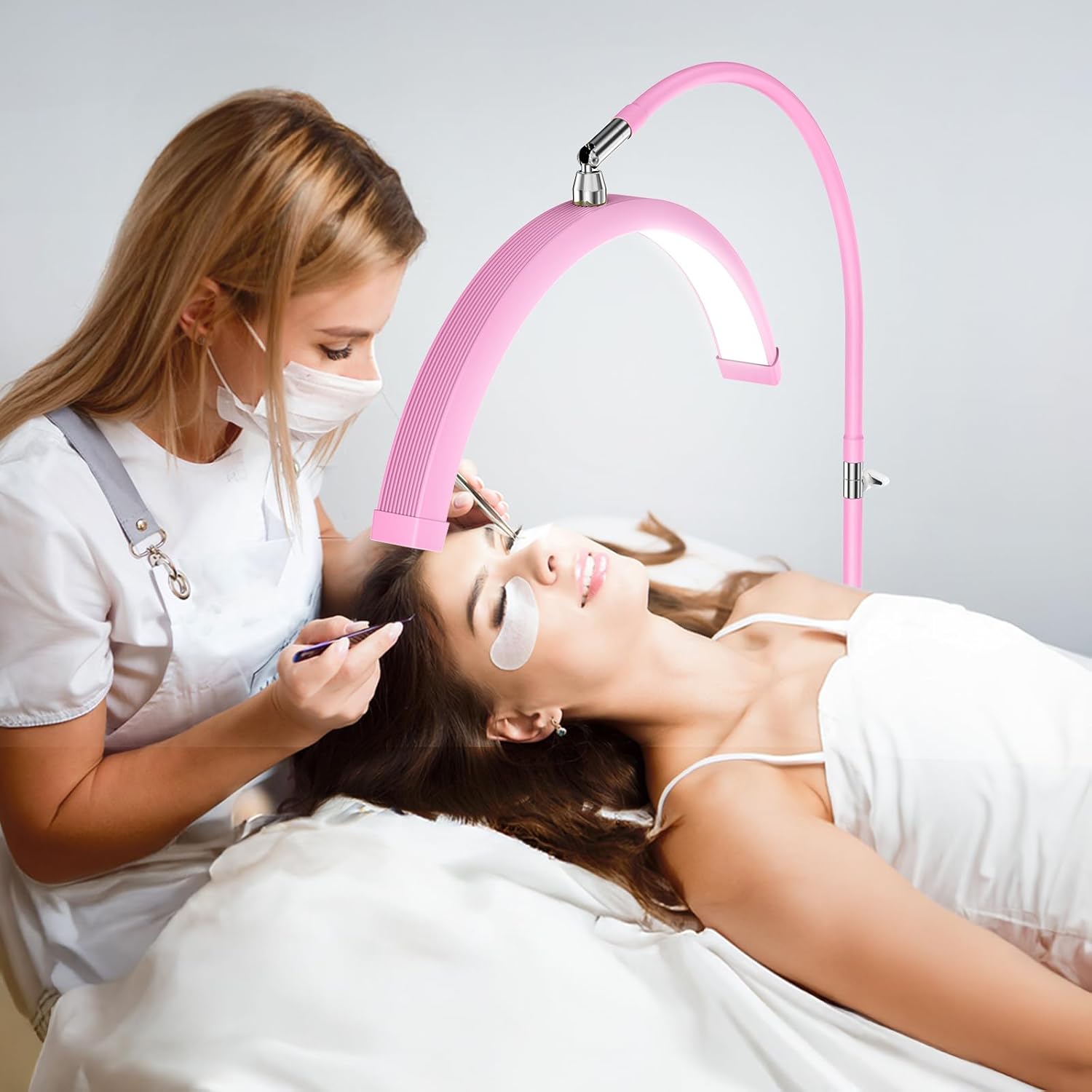 Half Moon Light for Lash Tech, Flexible Lash Lamp with Phone Holder for Eyelash Nail Art Tattoos Skincare, LED Floor Lamp Esthetician Light with 5 Color Temperatures & Brightness Setting