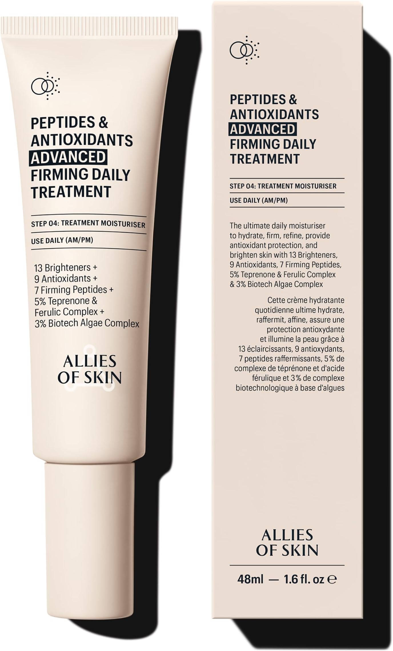 Peptides & Antioxidants Advanced Firming Daily Treatment with 13 Brighteners, 9 Antioxidants, 7 Firming Peptides, 5% Teprenone & Ferulic Complex and 3% Biotech Algae Complex 48ml/1.6oz