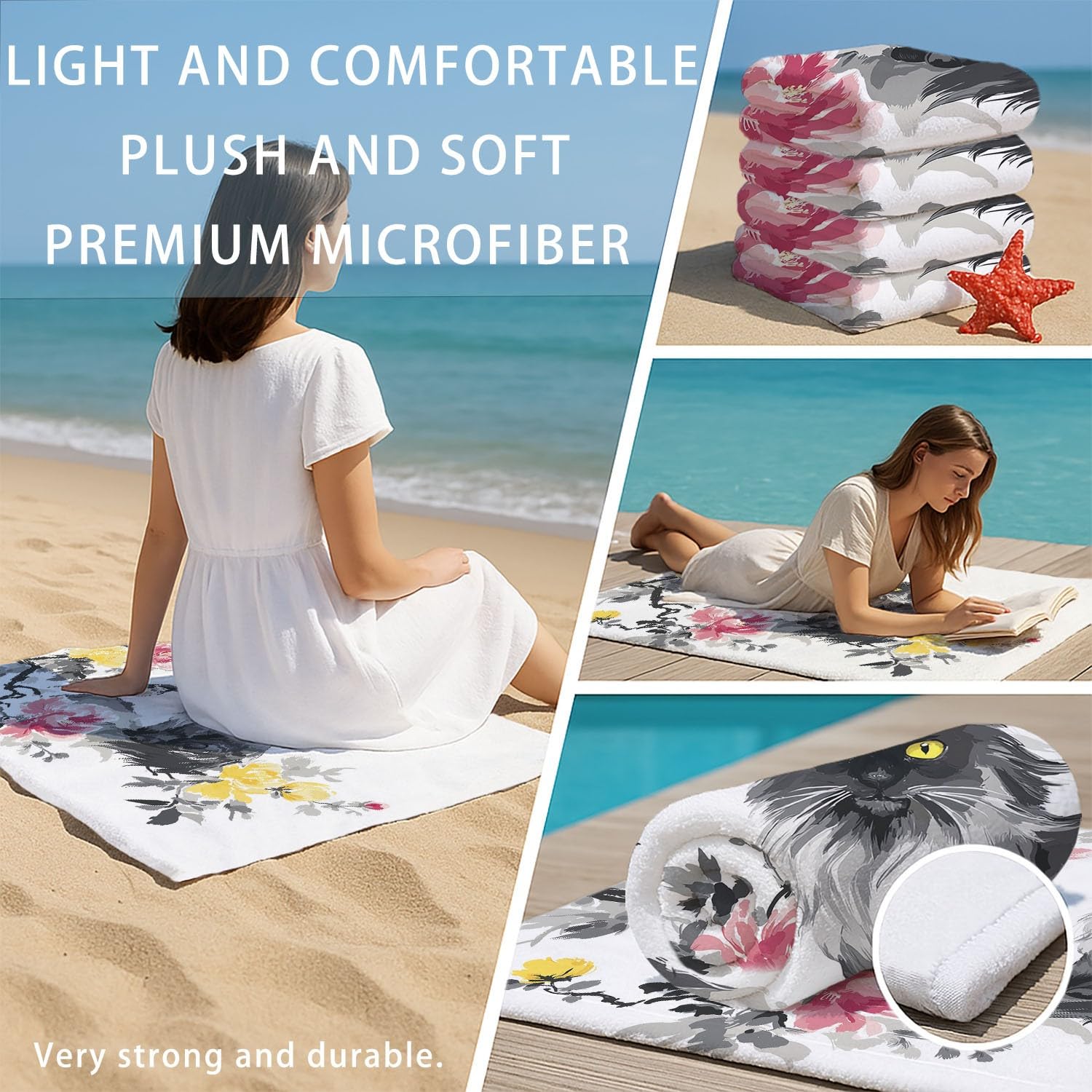 Generisch Ręcznik plażowy z mikrofibry, 200 x 150 cm, ręcznik plażowy, akwarelowy, elegancki, chiński Zen, spokojny, elegancki, kwiaty, kot, ptak, nie zawiera piasku, szybkoschnący, chłonny, podróżny