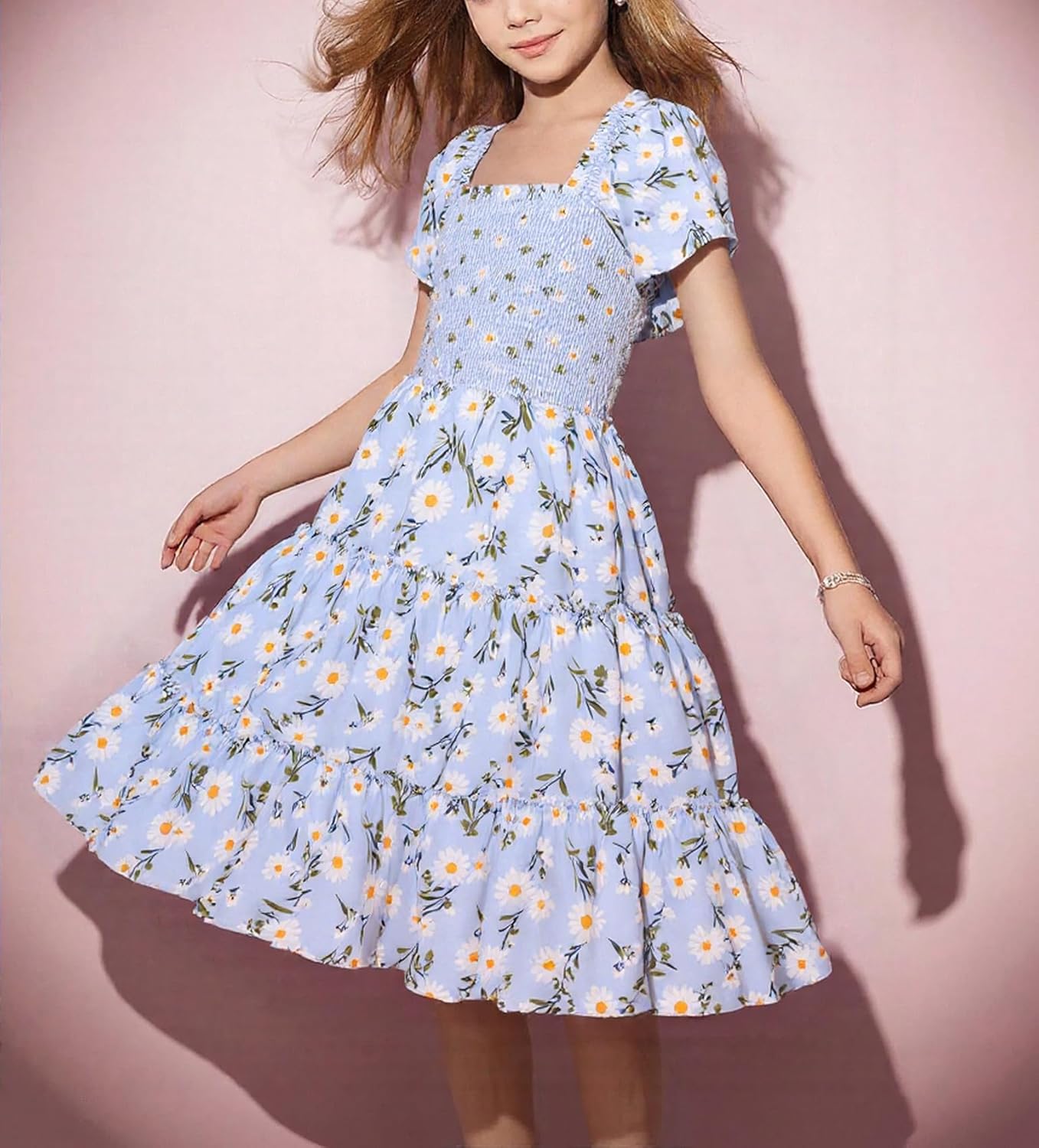 Girls Summer Dress Midi Casual Ruffle Flowy Square Neck Swing Tiered Smocked Tween Dresses for 6-15 Years - Image 7