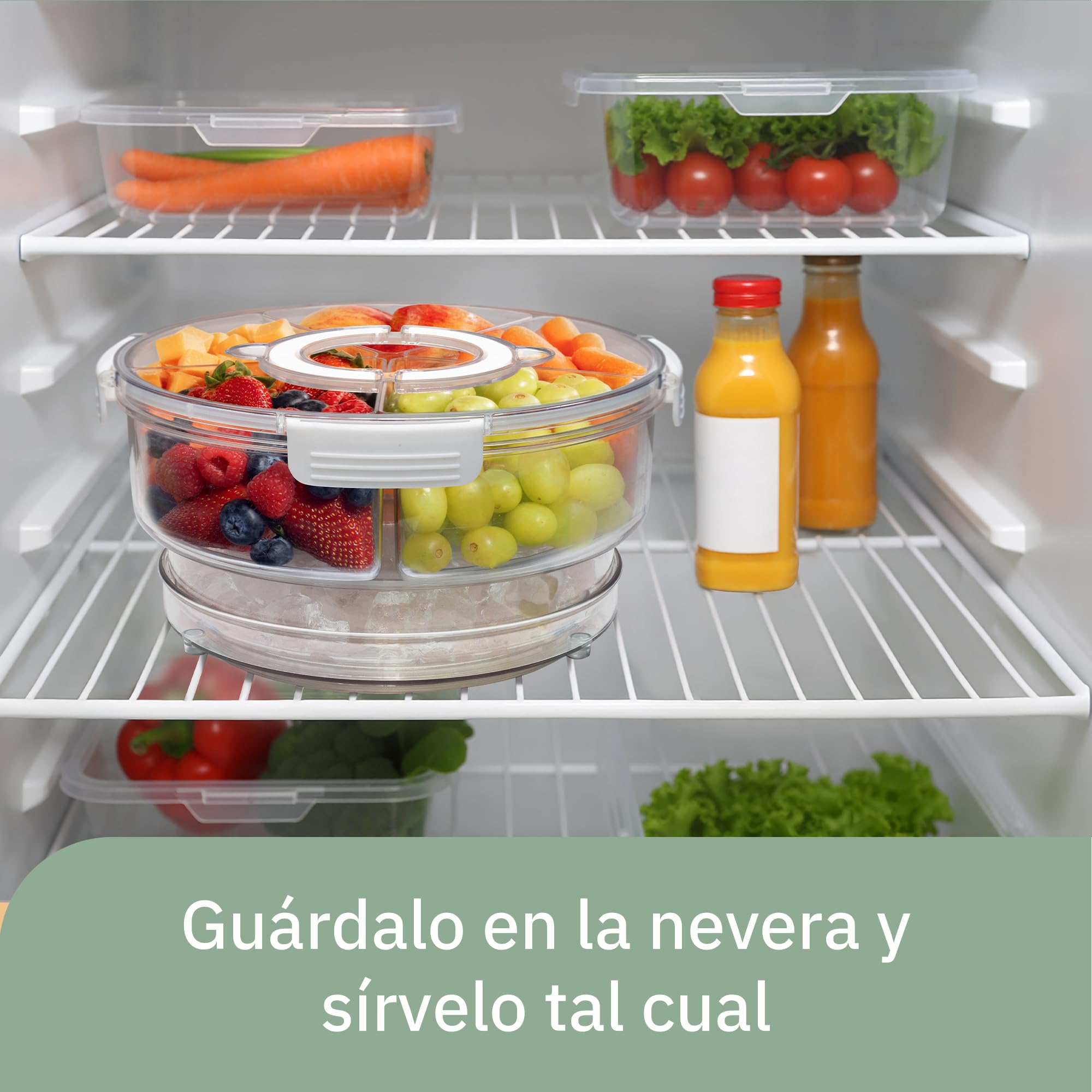 UCO Bandejas para Servir Comida 28,5 cm Contenedor De Alimentos con Compartimento de Hielo Bajo 5 Secciones, Organizador Nevera, Organizador Frigorífico, Bandeja Giratoria Mesa (Redonda)