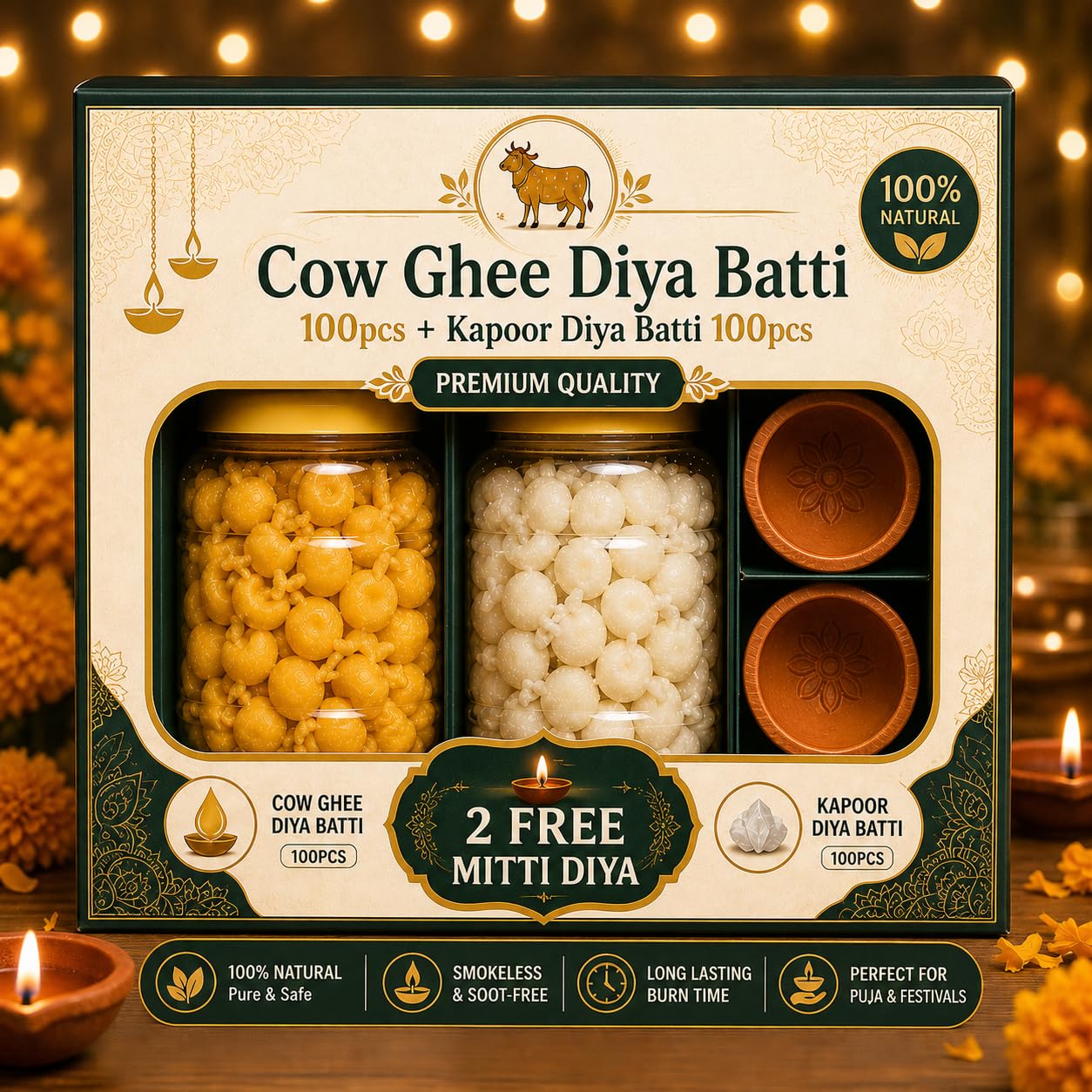 Kapoor Batti (100 Pcs) Ghee Batti (100 Pcs) Combo Pack with 4 Free Mitti Diyas-picture-27