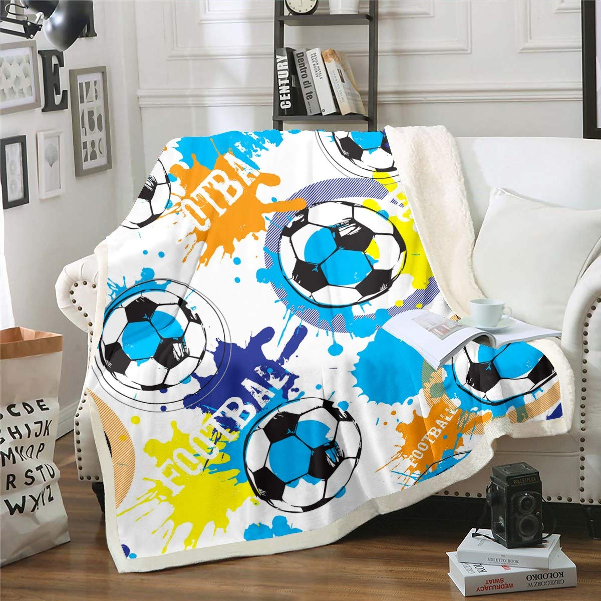 Loussiesd Sports Sherpa Blanket Watercolor Football Print Fleece Throw Blanket for Kids Boys Soccer Ball Games Plush Blanket Abstract Art Fuzzy Blanket for Sofa Bed Couch Single 50x60 Inch — image 1