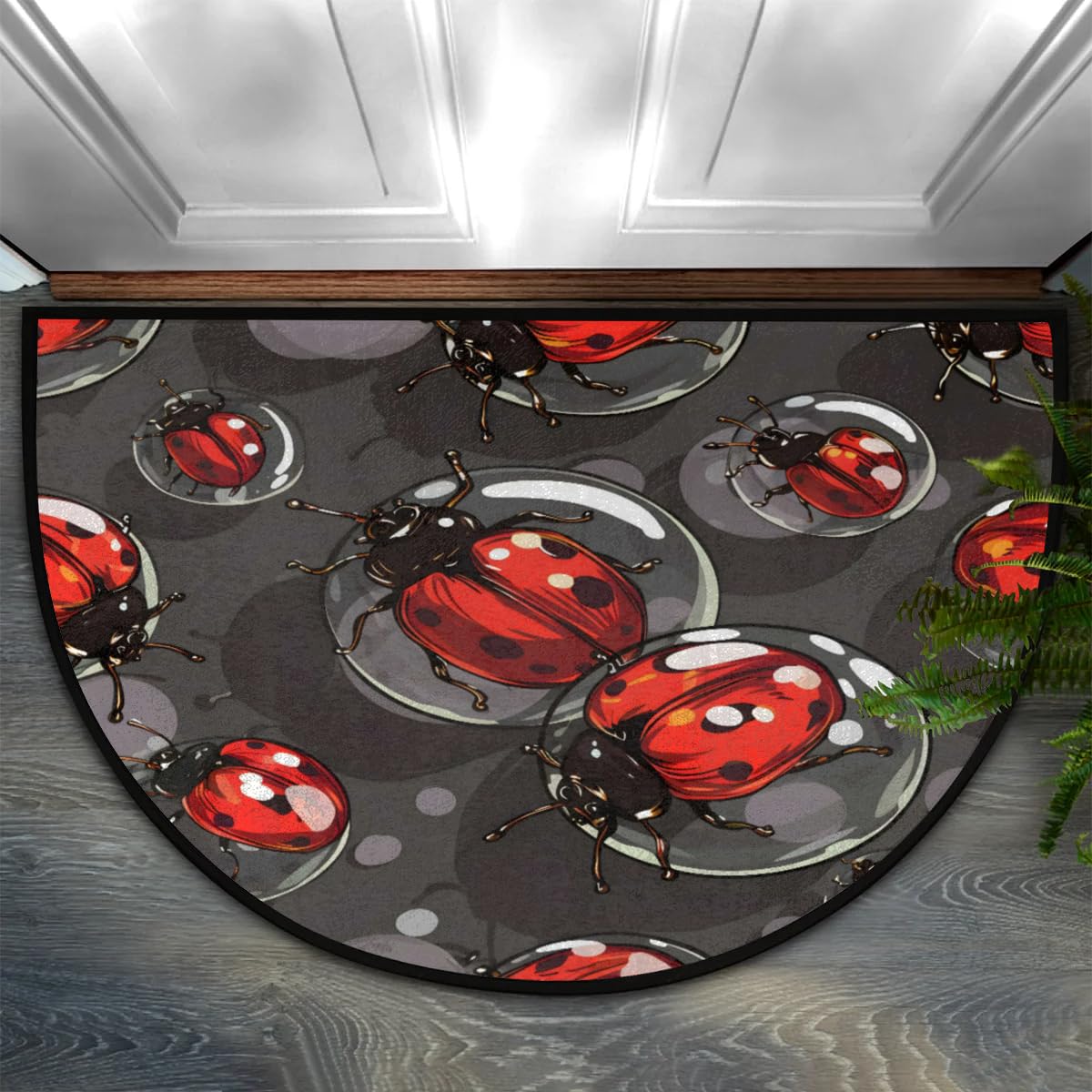 TropicalLife Half Round Door Mat Indoor Outdoor Doormat Red Black Ladybugs Washable Welcome Entrance Way Front Half Circle Rugs for Entryway Outside