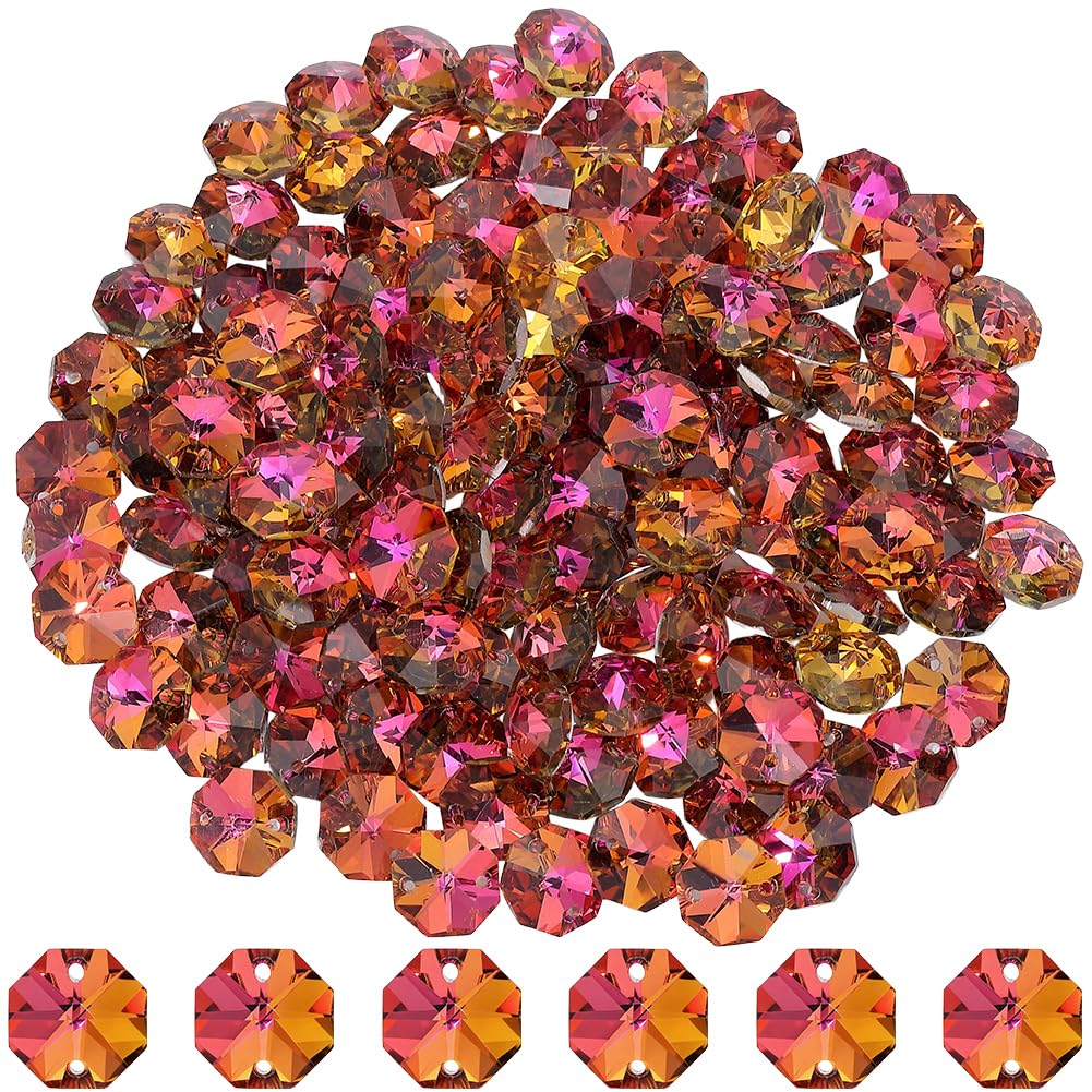 SOFPLATE 120Pcs Orange 14mm Glass Octagon Beads 2 Holes Crystal Prism Beads
