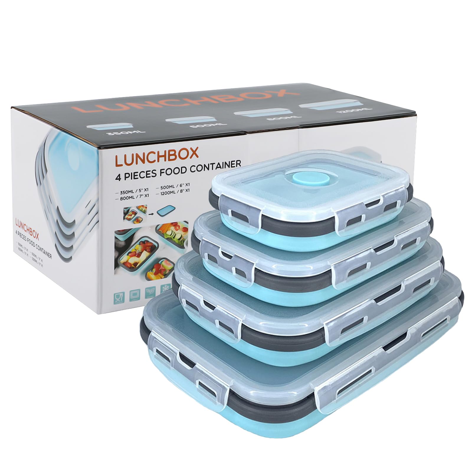 Beeptrum Zusammenklappbarer Aufbewahrungsbehälter aus Silikon mit Deckel, tragbarer Bento-Box zum Platzsparen, Mikrowelle, 4er-Set, Blau und Grau