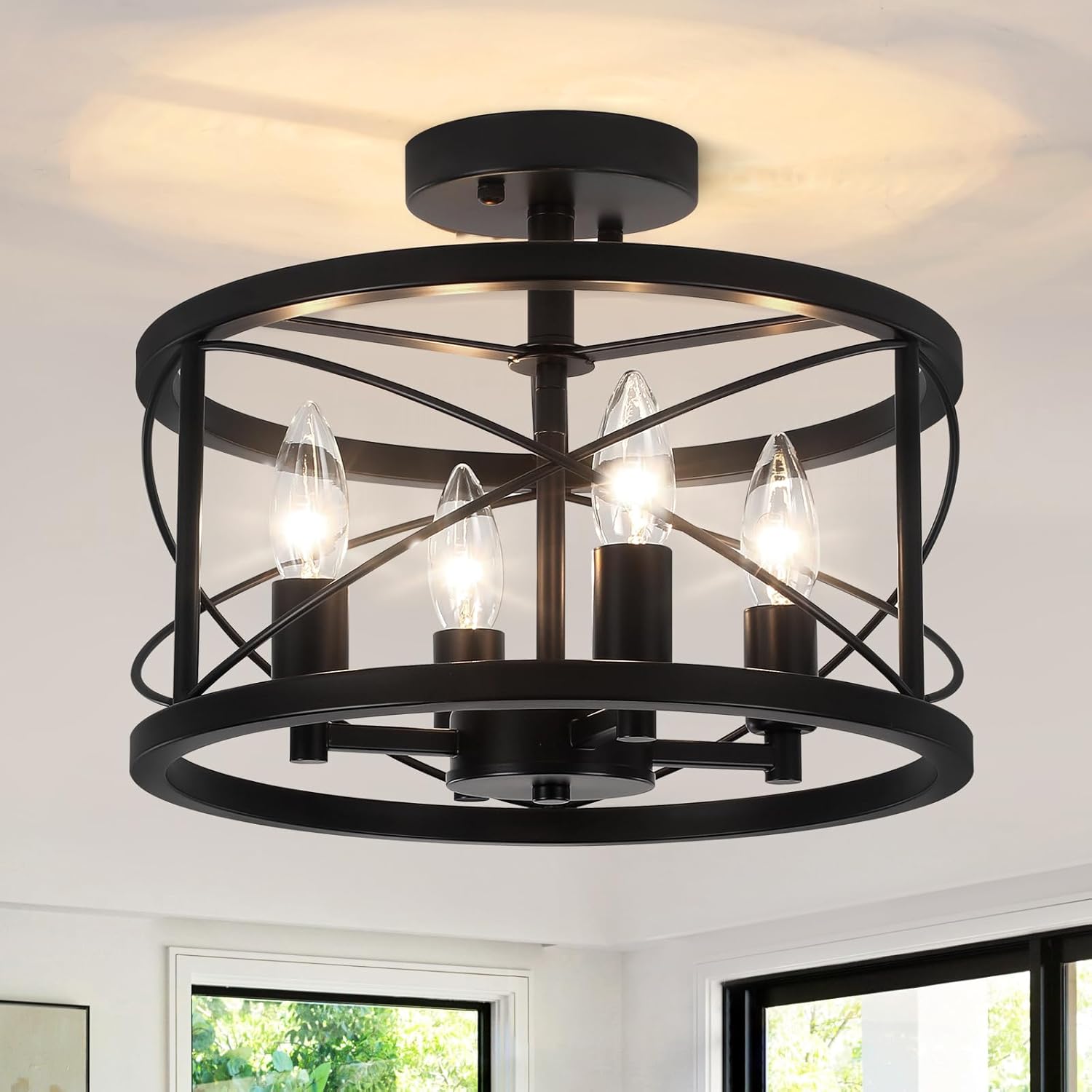 TOULMJ 4-Light Black Semi Flush Mount Ceiling Light, Farmhouse Modern Light Fixture, Hallway Light Fixtures Close to Ceiling Lighting Fixture for Kitchen Island Entryway Laundry Dining Room