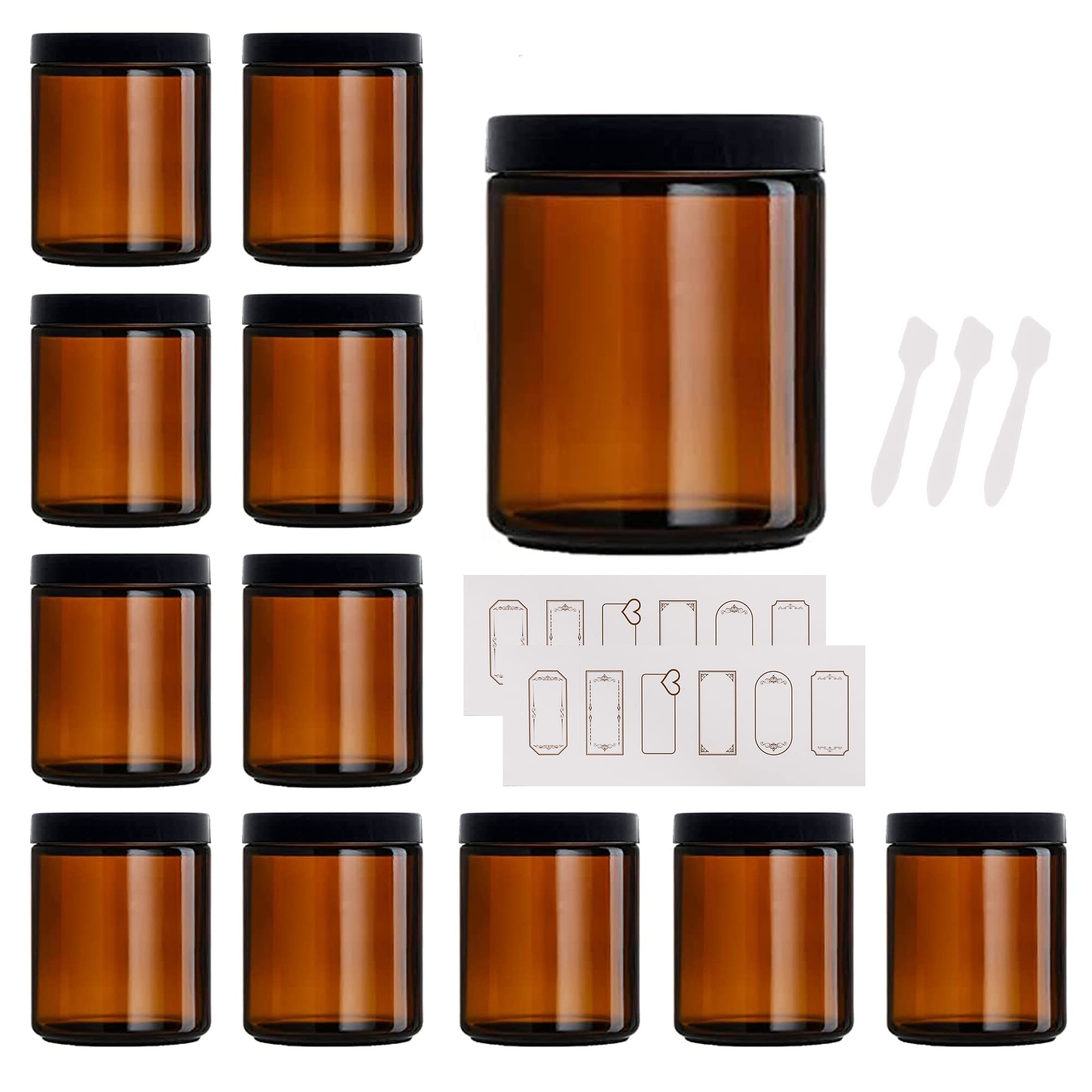 Homerove 8oz Amber Round Glass Jars with Black Lids, Empty Cosmetic Containers for Beauty Products(Set of 12 Pack and Attached with Labels and Spoons)