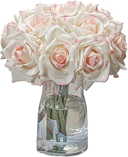 Miniatura 20 de Rosas artificiales de un solo tallo 10 piezas de arreglo floral de seda falsa, toque real para decoración del hogar, fiesta, boda (blanco) Blanco