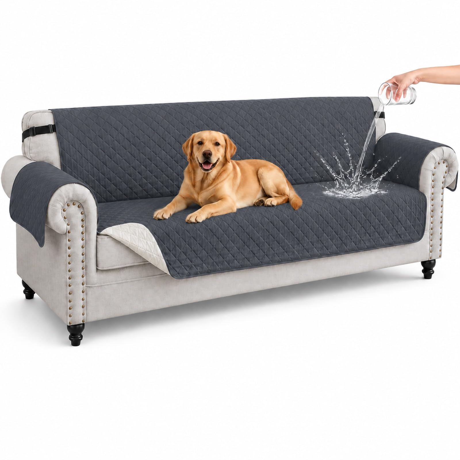 Hiiksolo Water Resistant Sofa Cover, Checkered Pattern with Non Slip Elastic Straps, Couch Protector for Dogs, Settee Covers Furniture Slipcovers, 3 Seater Dark Grey