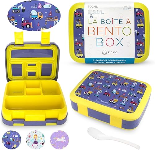 Miniatura 22 de kinsho Lonchera Bento, botella de agua, juego de bolsas de hielo para niños pequeños, 5 secciones de porciones, bandeja de plástico extraíble,
