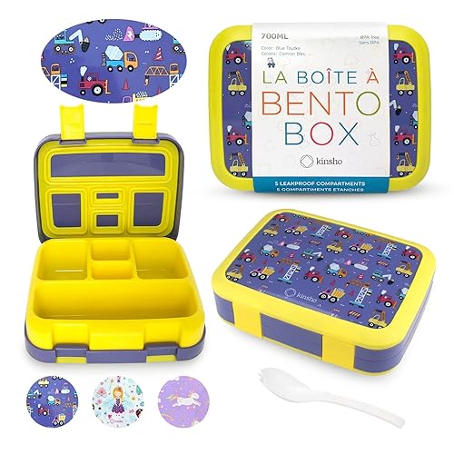 kinsho Bento Lunch Box for Kids Toddlers Boys, 5 Portion Sections Secure Lid, Microwave Safe BPA Free Removable Tray, Pre-School Kid Daycare Lunches Snack Container Ages 3 to 5, Blue Yellow Trucks