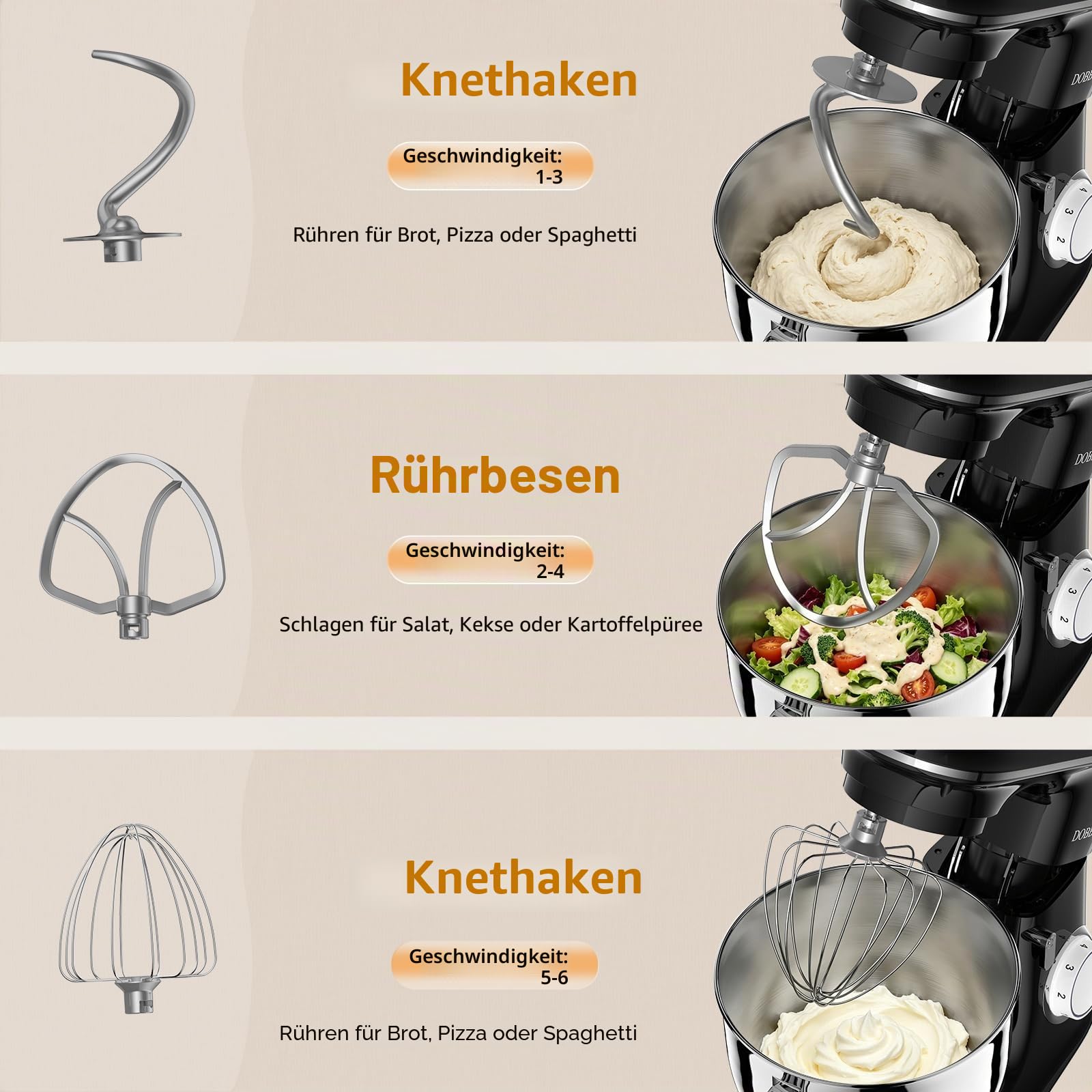 9.5L Küchenmaschine Knetmaschine 1500W, DOBBOR Rührmaschine mit Rührbesen, Knethaken, Schlagbesen, Spritzschutz, 7 Geschwindigkeit Planetarisches Rührsystem, leise und multifunktional. (Black)